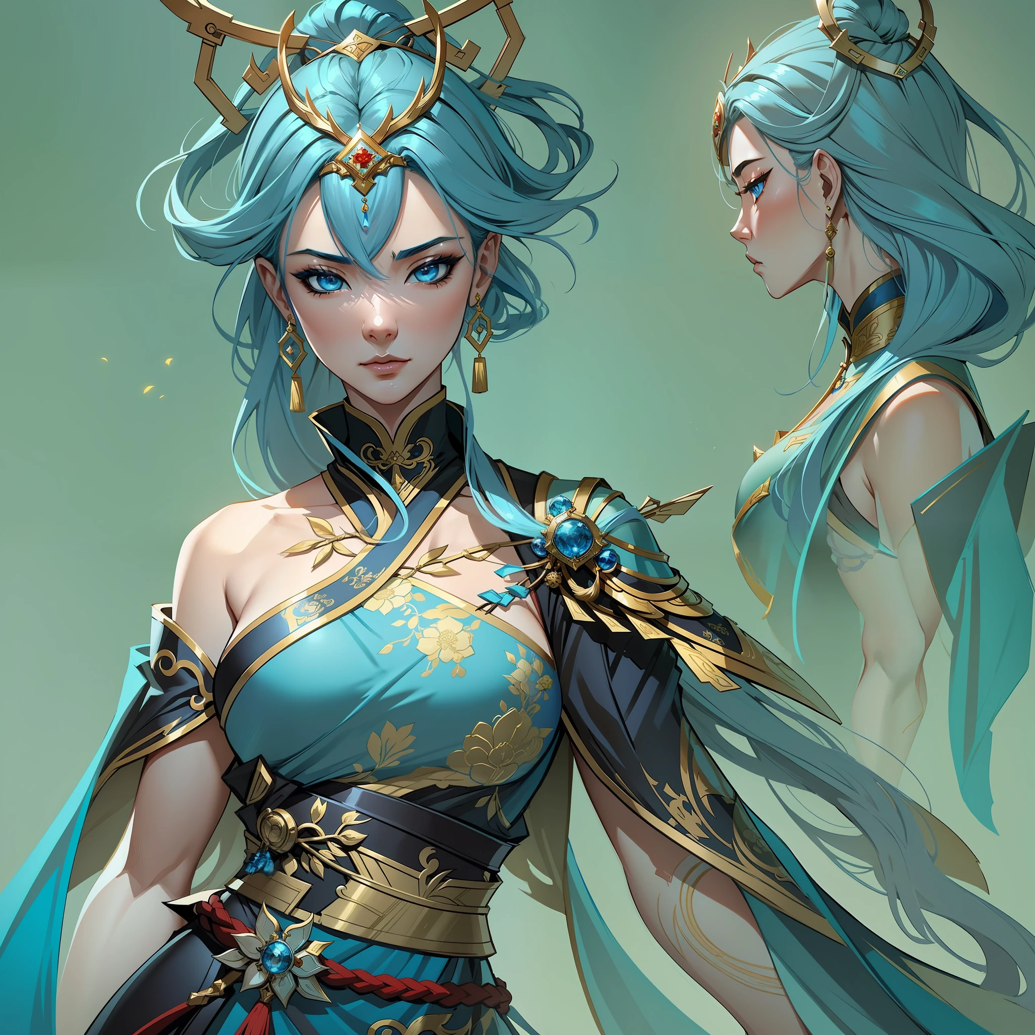 a close up of a short woman in her 30's, with blue eyes and ocean blue hair, wearing a blue and black ballgown dress, a chinese empress with blue eyes, female swordswoman, chinese princess, standing in a chinese temple, new costume concept design, in the style of blade and soul, full body character concept, detailed character design, inspired by Yang Jin, inspired by Li Mei-Shu, lunar themed attire, costume with gold accents, inspired by Ju Lian, colored concept art, highly detailed character design, highly detailed face, inspired by Ai Xuan, very highly detailed face, unreal engine render, final fantasy 14 style