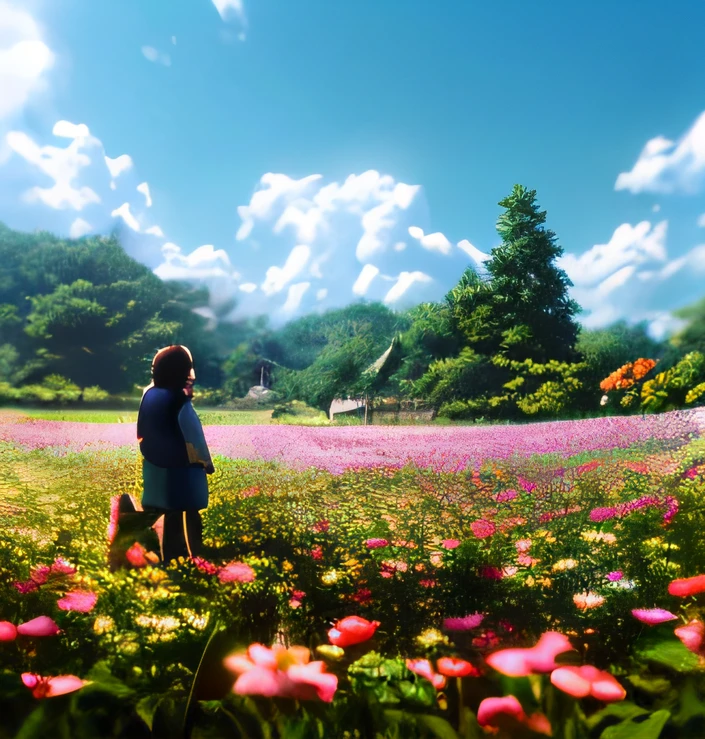 There were two dogs standing in the flower field,A butterfly flies overhead, hyper realisitc, amazing cgi, tv commercial, lovely digital painting, ultra-realistic picture, Global illumination. vfx, photoreal”, Hyper-realistic, hyper - realistic, Animated Movies, photorealistic ”, ( Ultra photo realsisim, photorealistic”, Isometric 3d fantasy cute dog, realistic scene
