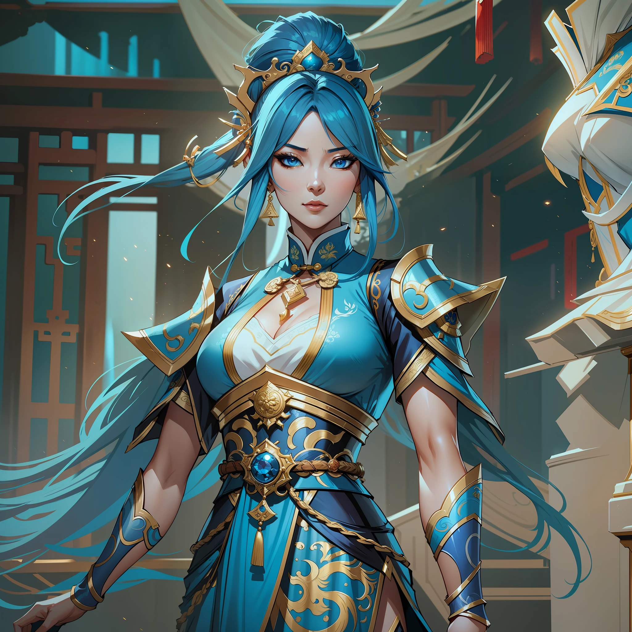 a close up of a short woman in her 30's, with blue eyes and ocean blue hair, wearing a blue and black ballgown dress, a chinese empress with blue eyes, female swordswoman, chinese princess, standing in a chinese temple, new costume concept design, in the style of blade and soul, full body character concept, detailed character design, inspired by Yang Jin, inspired by Li Mei-Shu, lunar themed attire, costume with gold accents, inspired by Ju Lian, colored concept art, highly detailed character design, highly detailed face, inspired by Ai Xuan, very highly detailed face, unreal engine render, final fantasy 14 style