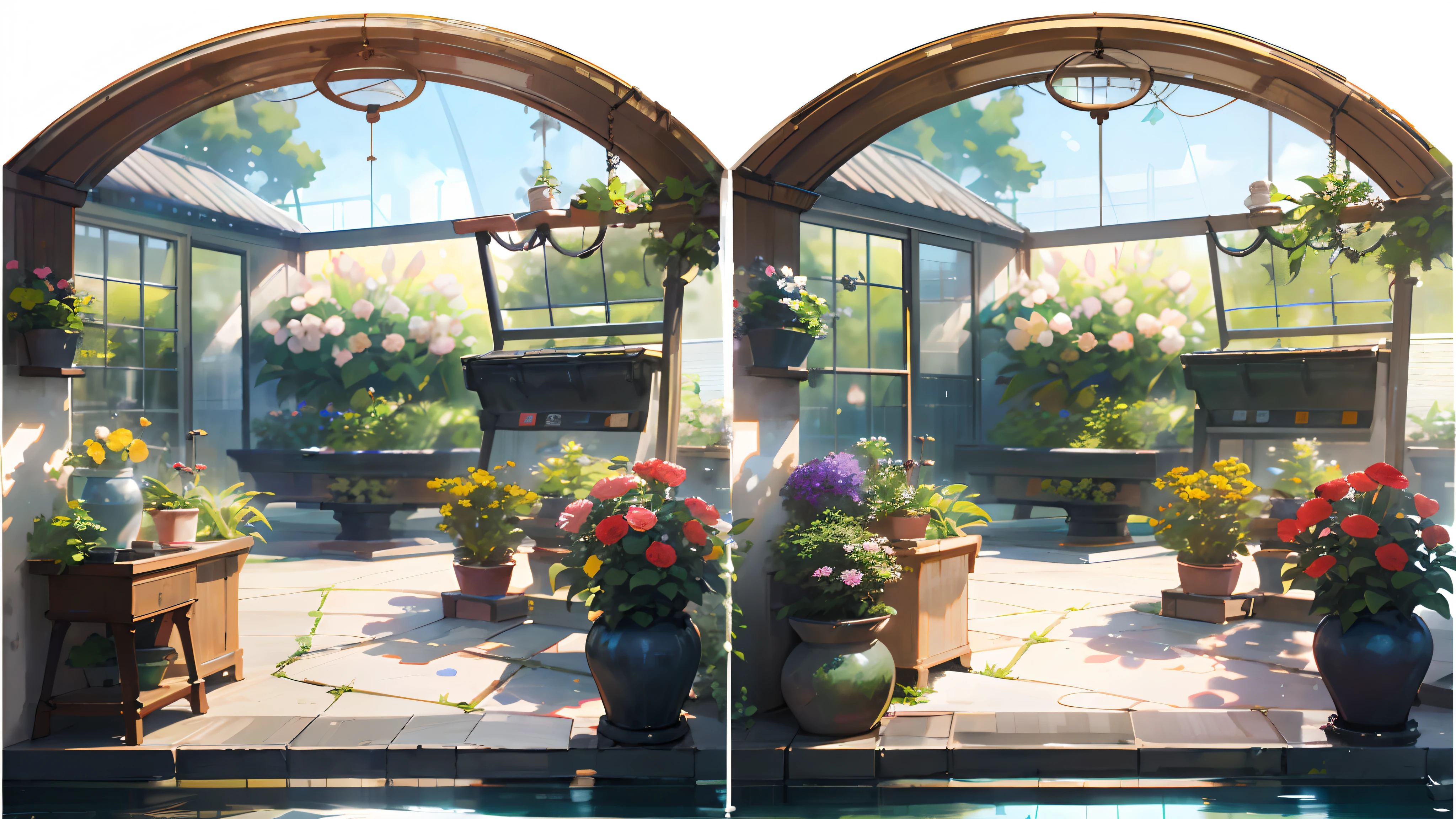 There are 2 photos of the pool with flowers, Flower greenhouse, Realistic garden, floral environment, Ultra detailed scene, realistic afternoon lighting, highly detailed surroundings, immensely detailed scene, high quality photorealism, Realistic establishment shots, photorealistic 35mm, a photorealistic rendering, hyper-realistic environment, Hyperphotorealistic ray tracing, Photorealistic detail content