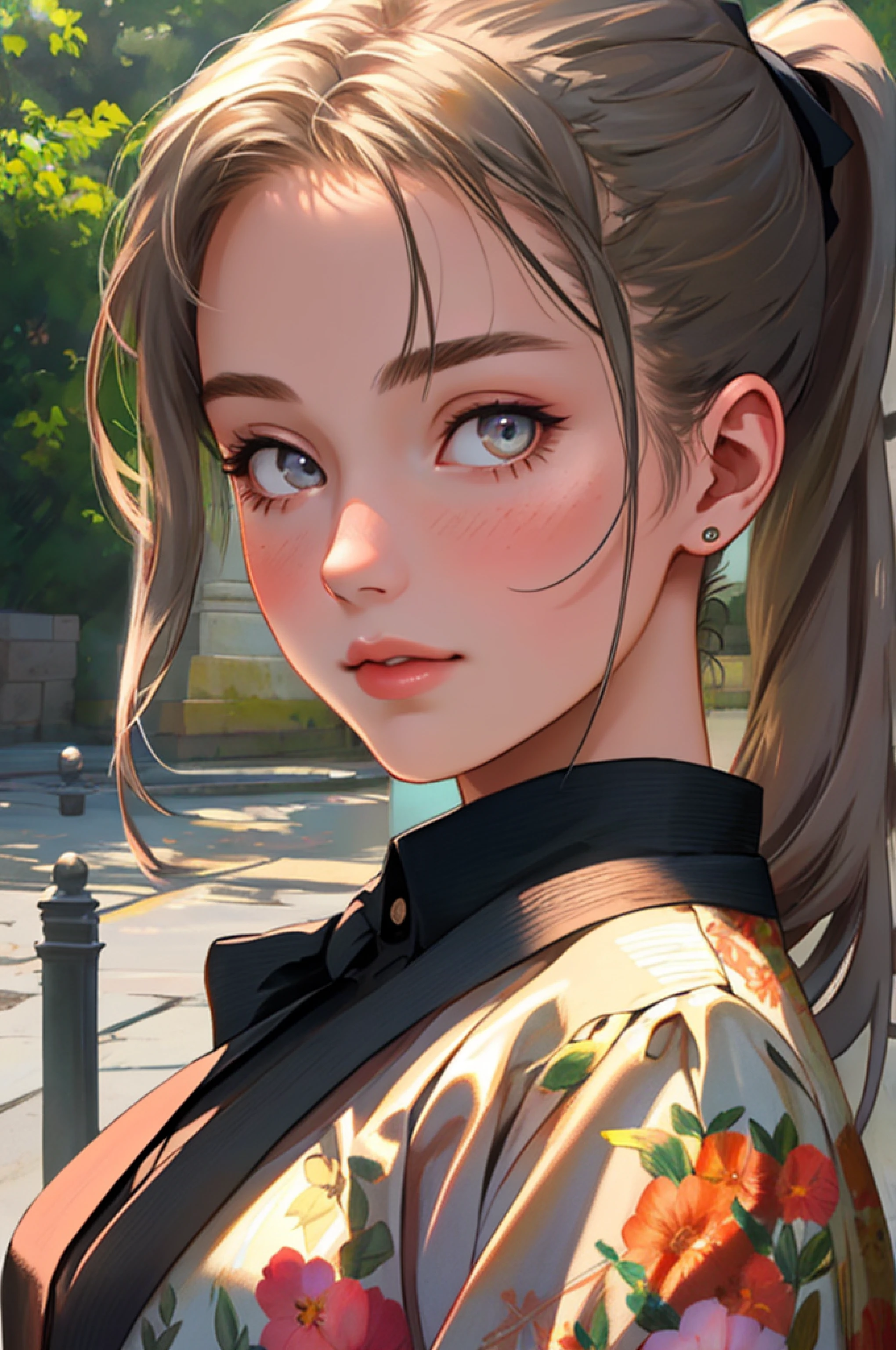 a realistic photo of a beautiful young 18 year old stone hair, stone eyes, (mibobr) wearing a summer dress, light, glowy skin, looking_at_viewer, (fit body:1.0), high ponytail, detailed illustration, masterpiece, high quality, realistic, very detailed face