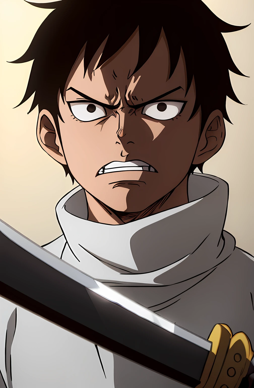 1boy, wanostyle, black hair, messy hair, short hair, black eyes, serious, angry, white turtleneck shirt, teeth, ((masterpiece)), (best quality), (extremely detailed), depth of field, sketch, dark intense shadows, sharp focus, soft lighting, hdr, colorful, good composition, spectacular, anime screencap, holding a sword