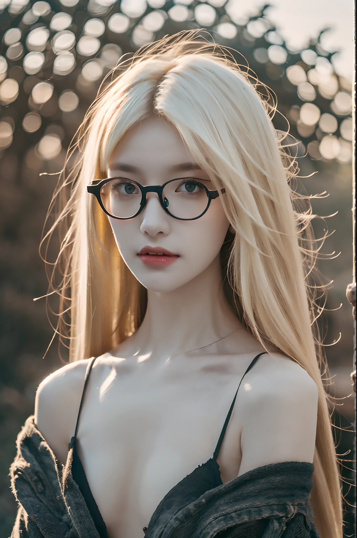 hilltop，Soft lighting，A ray of light in the morning sun，Dark clouds fill the distance，Beautiful peaceful natural landscape，(Blonde hair:1.3), (A lot of hair:1.3), (detailed hairs:1.2),teens girl，Glasses frames，black-clad，耳Nipple Ring