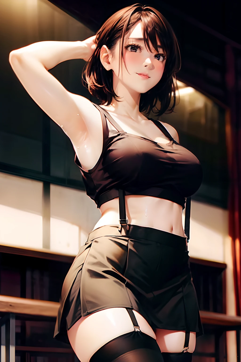 Big breasts suspenders Garter on the thigh Black stockings Armpit sweat skirt by the Brown hair Futomo Black tank top Hands behind the head walls Futomo short-cut