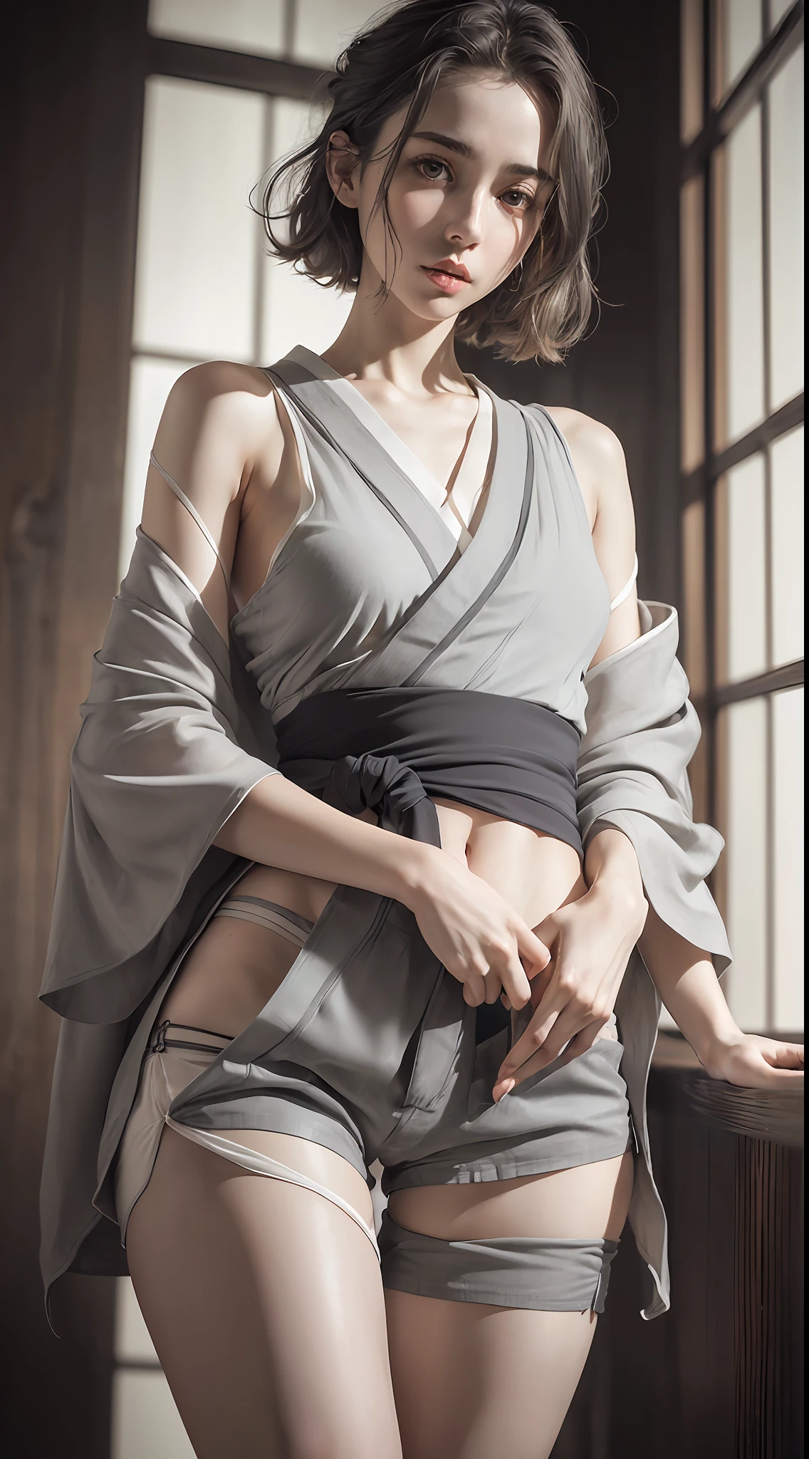 photorealistic, erotic pose, (shot from below:1.2), (intricate details, exaggerated details, ultra high details), self-portrait, (1girl, beautiful, delicate face, innocent, pale skin, short wavy hair), ((modern gray kimono, rugged shorts with (side slits)):1.2), small waist, ((wide thigh gap, wide thighs):1.2), (masterpiece)