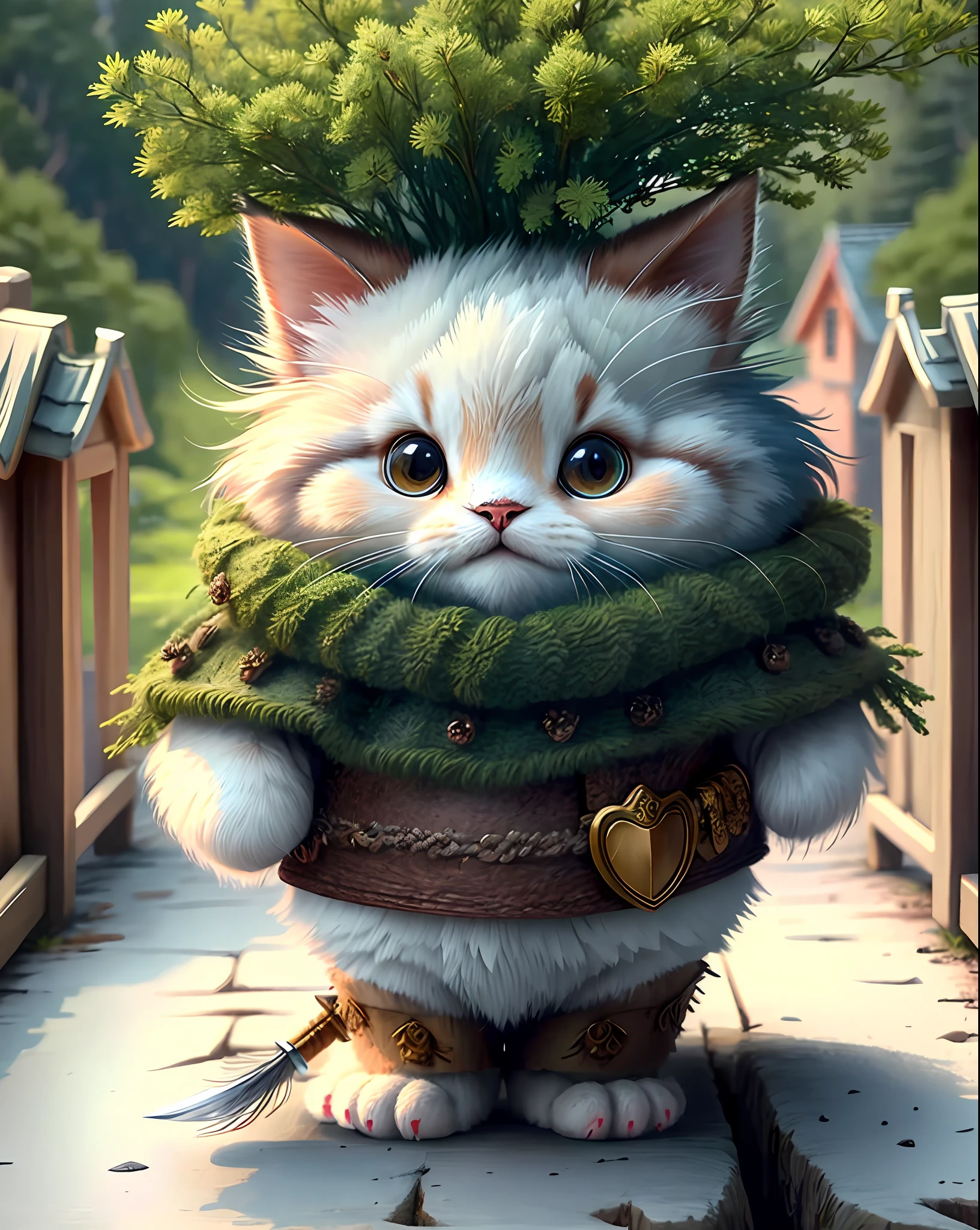 Top image quality、"Create a masterpiece of cute creatures. （Norwegian Forest cat）, high detailing, in 8K、Top image quality、Dressed as an adventurer、Holding a sword and spear in your hand、