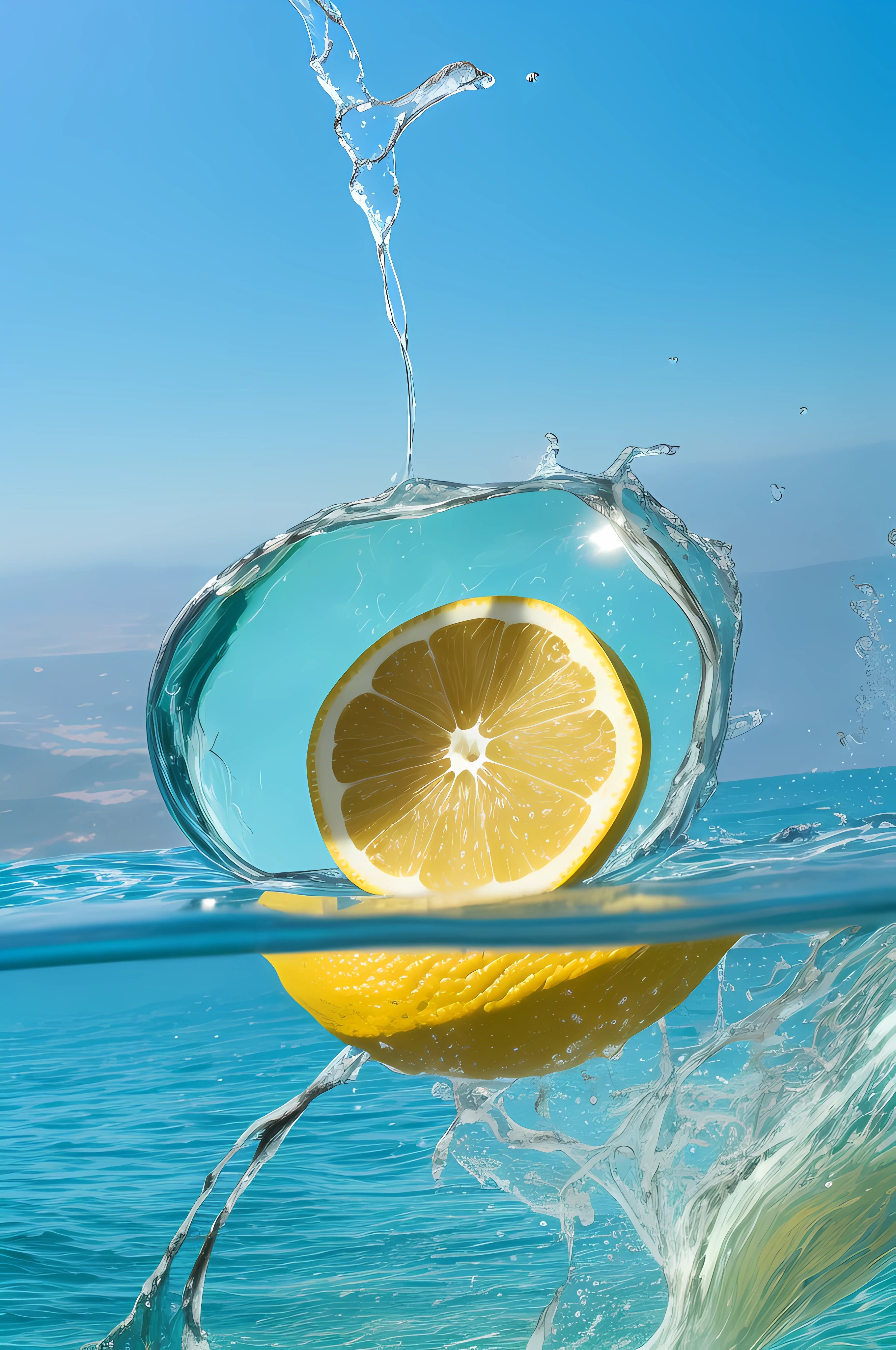 A slice of lemon,water,8K,Lemon on water droplets,Blue sea below,