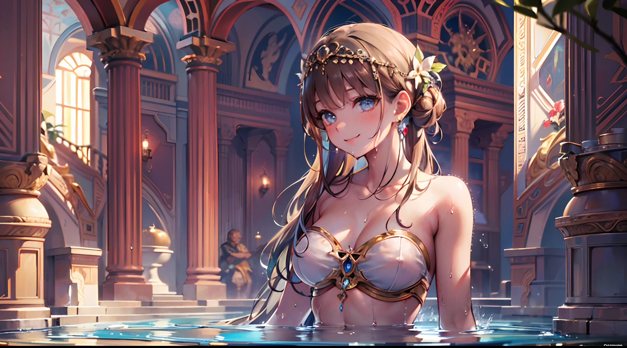 Masterpiece, top quality, super detailed CG, intricate details:1.5), 8k wallpapers, elaborate features,
(1 person, solo:1.4), perfect cartoon illustration,1 girl, cute face, smiling, naked, her skin wet with hot water, spacious Roman termae