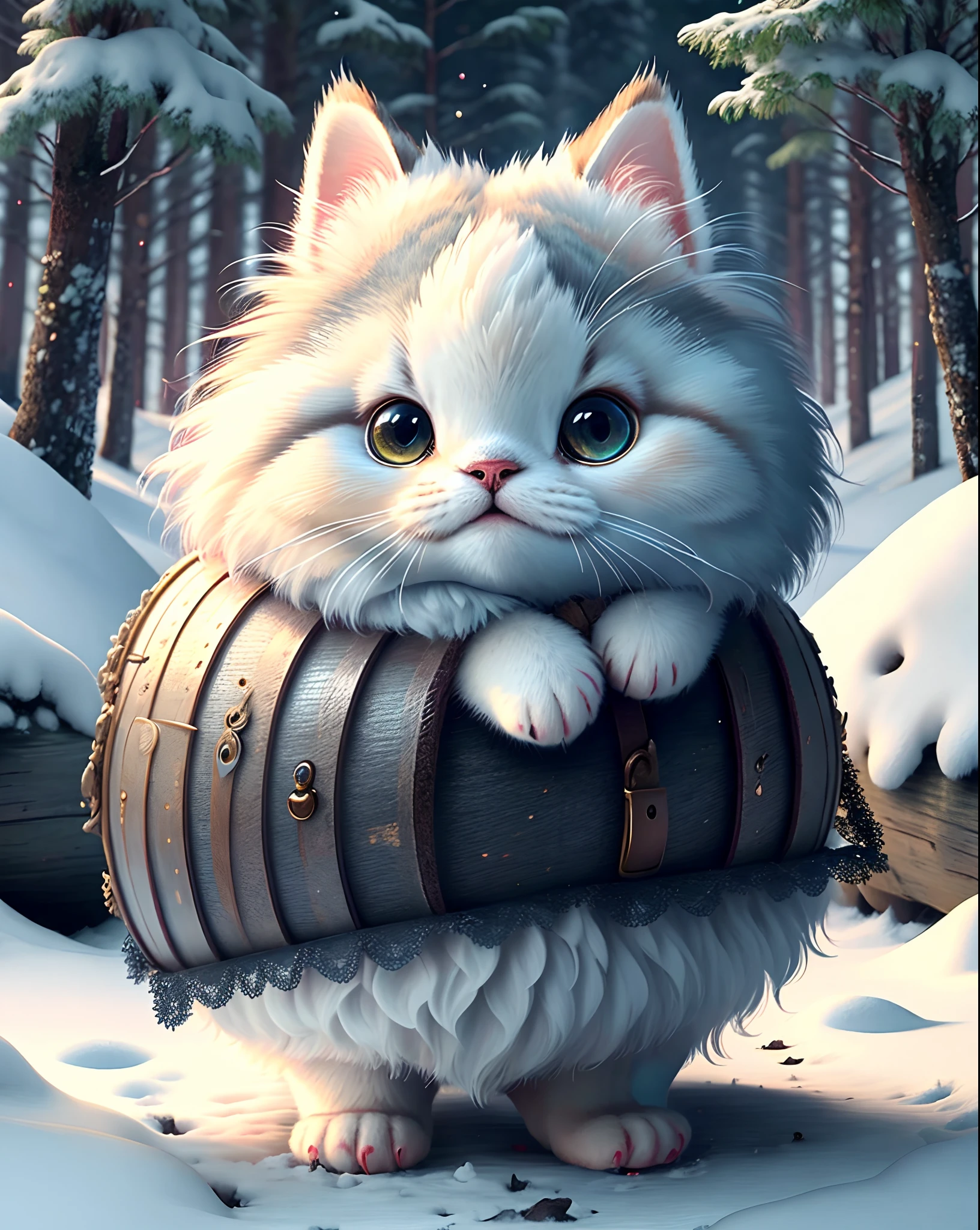Top image quality、"Create a masterpiece of cute creatures. （Norwegian Forest cat）, high detailing, in 8K、Top image quality、Dressed as an adventurer、Holding a sword and spear in your hand、