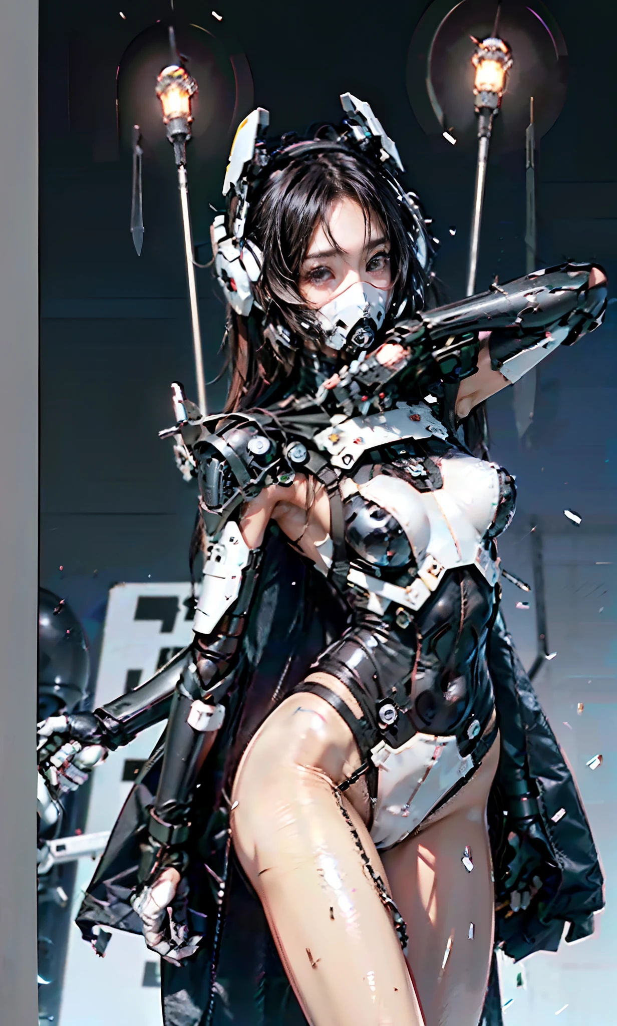 ulzzang -6500-v1.1,(Raw foto:1.2), (Photorealsitic:1.4), High resolution, (Detailed super beautiful one woman28age、White technical wear and futuristic women's battlesuit(for urban warfare、Details will be described later.)Please wear),, Small headset with disheveled short brown hair、fullllbody, nffsw(HighDynamicRange), Anisotropy Filtering,depth of fields,Maximum clarity and sharpness,, ((You can see the cleavage well、You can see the unevenness of the areola)、The lower half of the body is lightly armed and the skin is exposed, however、Can withstand leads.。beautiful thigh。 Professonal lighting,, ((dynamicposes))、 Sophisticated gaze Women's battlesuits of the future(for urban warfare)iPrompt:
Color scheme:
Basic colors: white
accent: gunmetal
Suit design:
With a shape that fits the curves of the body、Fine details、The visible part that supports the movement of muscles and joints。
Advanced electronics and sensors are built into the whole body、Especially the back of the hand and the arm、Stand out on the ankle。
Especially chest armor、backs、Placed on the thigh、Has the ability to prevent attacks from laser guns。
In the center of the chest there is a slit-shaped opening,、Some troughs look designed.。
helmets:
Designed to cover the entire head、Transparent visor exposes the entire face、I can read facial expressions。
Small antennas and sensors are mounted on the sides and top of the helmet。
arma:
Large laser rifle: There is a sense of unity in the design of the suit.、white and black、Uses gunmetal livery。Built-in ability to share information with suits in real time。
Ancillary Machinery:
Height 3mBipedal fighter mobile armor: Its appearance is、Reminiscent of a humanoid-mech hybrid.、white and black、Gunmetal coloring available。This mobile armor is linked to the suit.、Actions and attacks can be performed simultaneously。