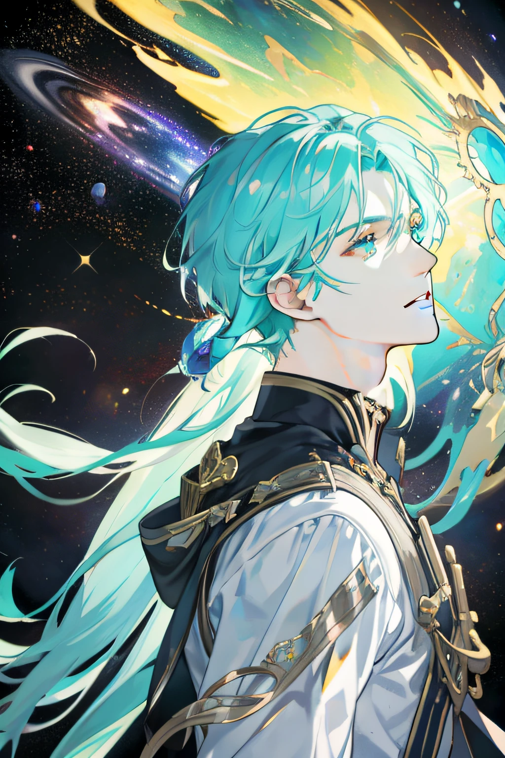 masterpiece, best quality, 1 male, adult, handsome, tall muscular guy, broad shoulders, finely detailed eyes and detailed face, extremely detailed CG unity 8k wallpaper, intricate details, pastel rainbow hair, aqua eyes, from side, space, galaxy, milky way, starry sky, glitter, astrology, broken glass, rainbow light, swirling wind, extremely detailed face, Shining white particles, rainbow-colored butterfly, depth of field