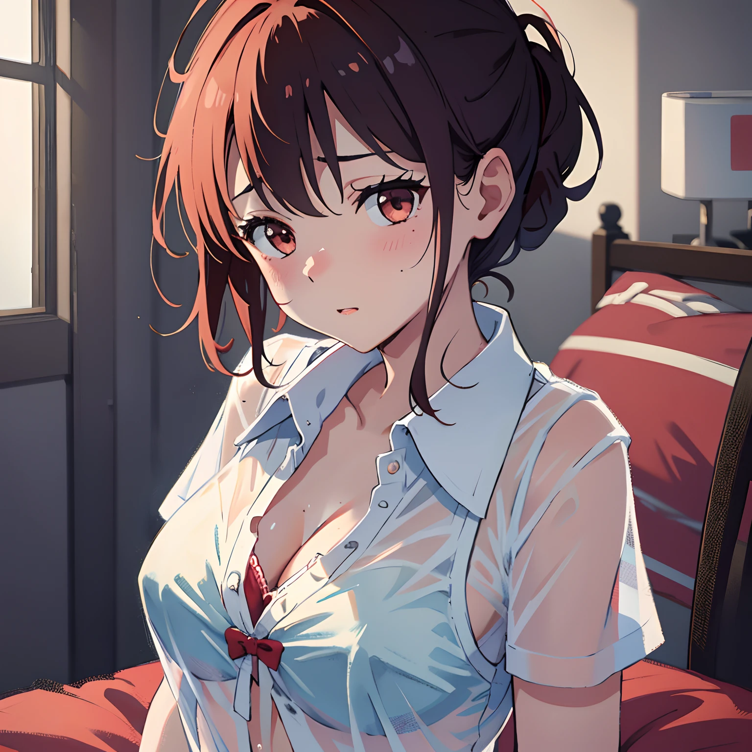 Sister, wearing school uniform, wet and bra see-through, 8K, Best quality, 14 years old, looking at camera, red cheeks, embarrassed, delicate hands, own room, I like my brother, I put my brother's hand on my chest