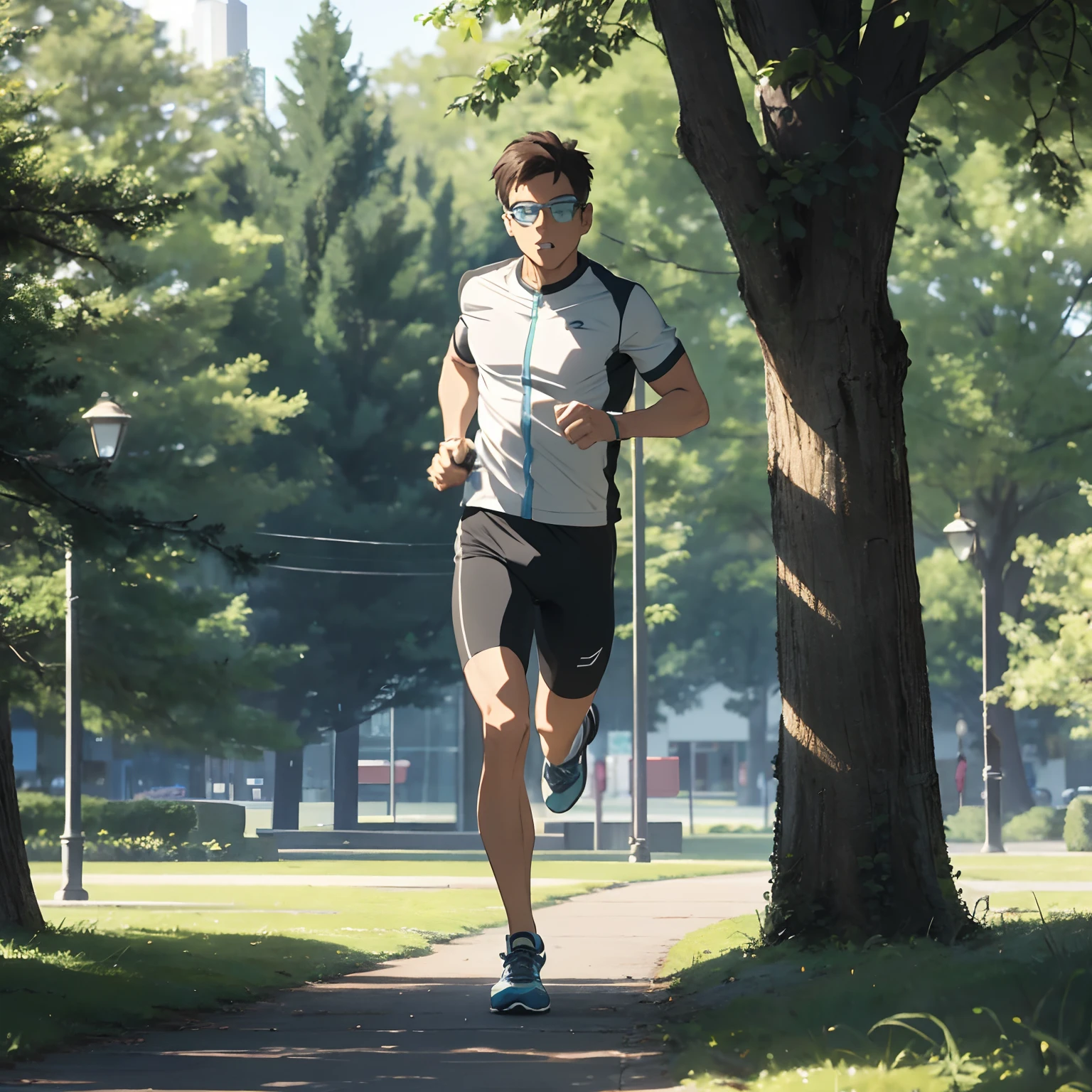 1 man, rectangle near-sighted glass, solo, Running man is running on the park, glass wearing man, Run fast, morning, sunshine, grass, tree, forest, mysterious, full body, white running shoes.