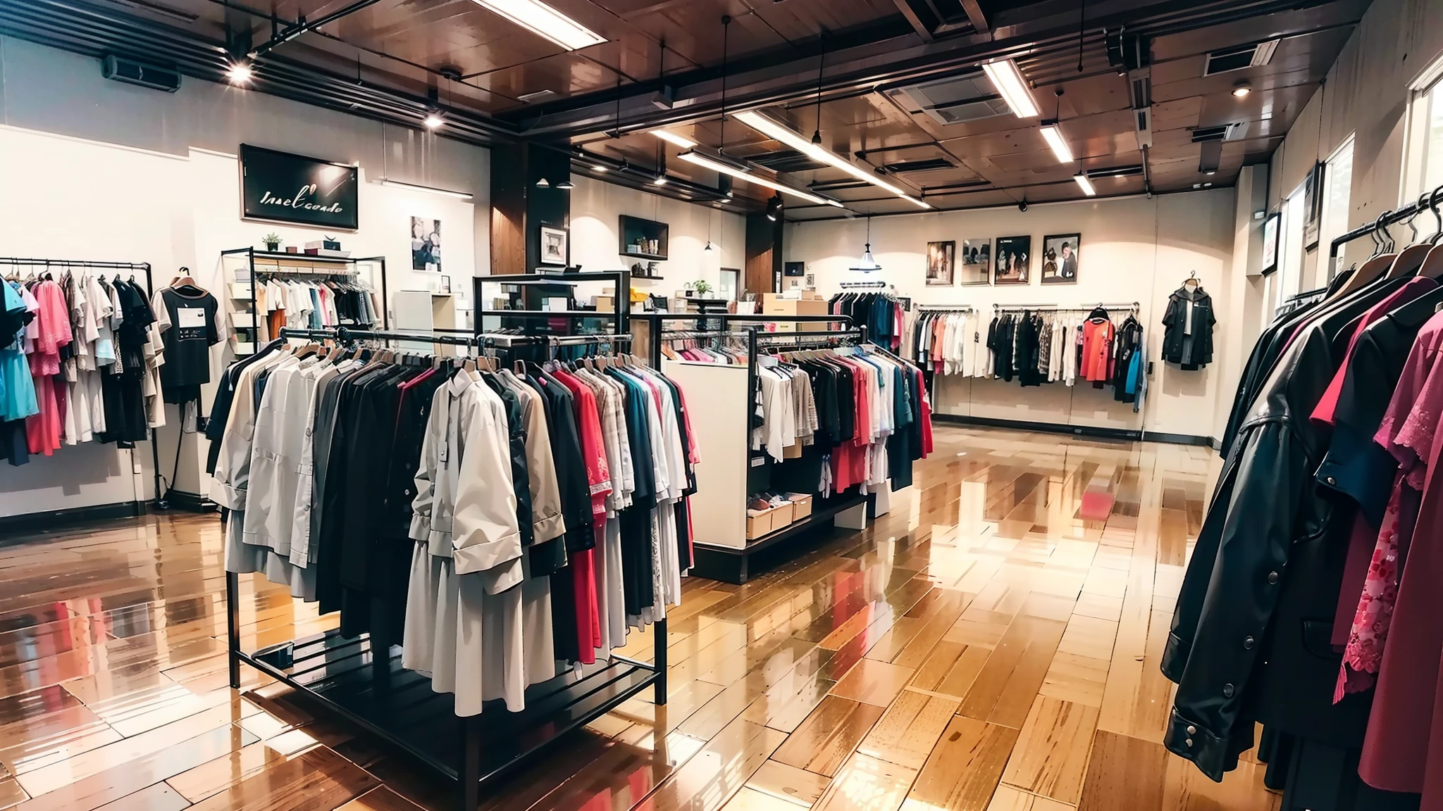 (high-level image quality;1.5)、(Inside a modern clothing store;1.5)、