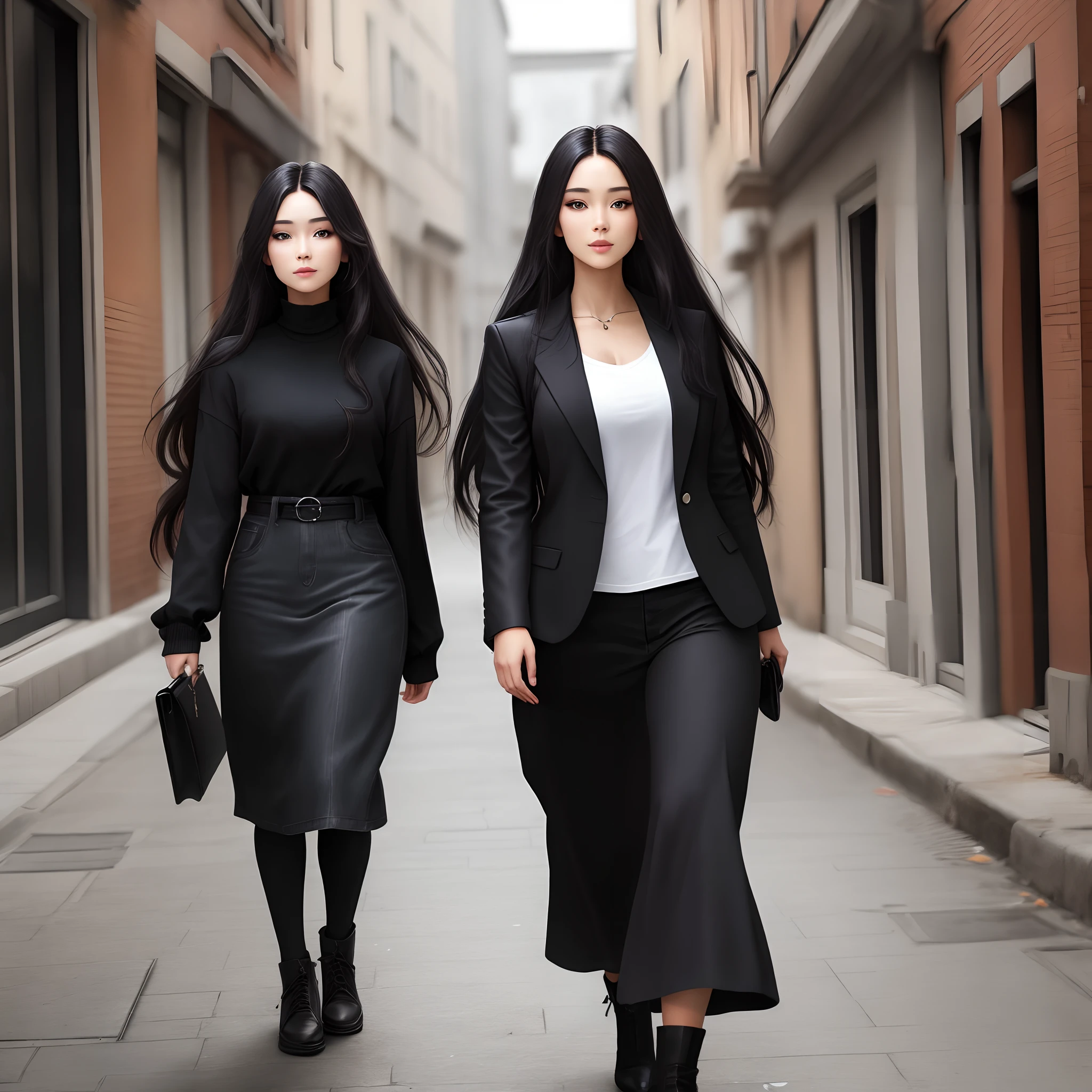 Black clothes long-haired beauty urban beauty