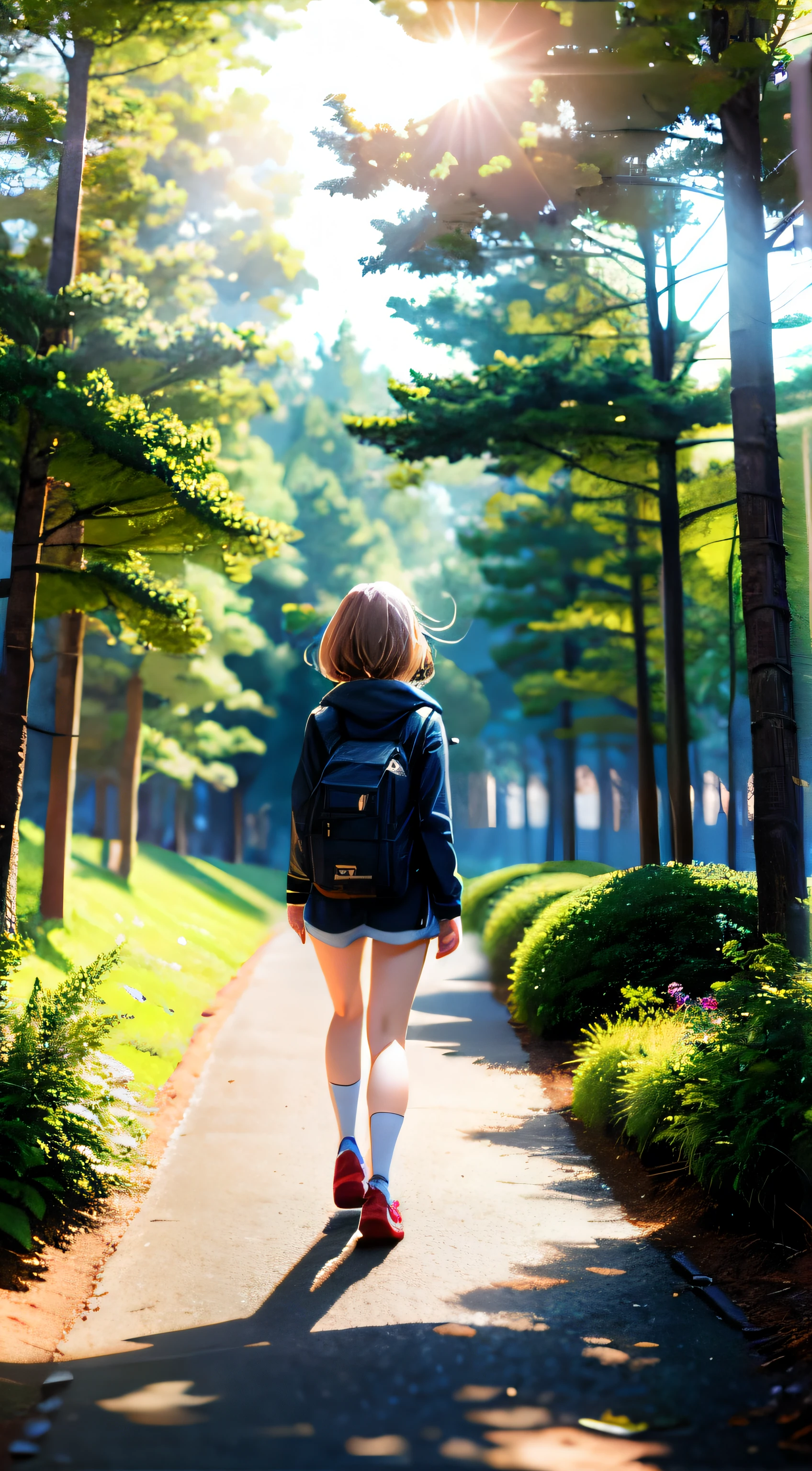 1girl,walking,forest,path,sun,sunshine,shining on body,