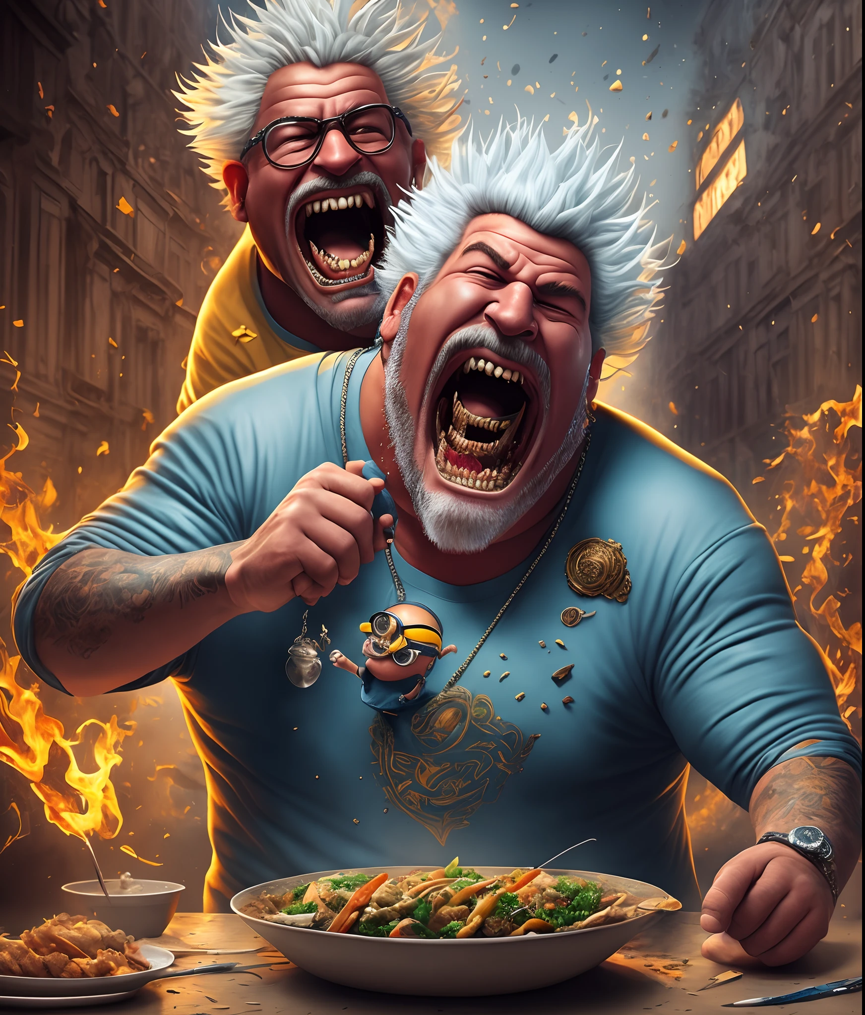 Guy Fieri as a grotesque minion shrieking and gnashing his large sharp teeth, painting by salvador dali
feast on bizarre and wonderful foods dreamlike alien futuristic people and beings feast on bizarre and wonderful foods doug chiang Michał Karcz leonardo da vinci Ralph Goings Umberto Boccioni Adobe After Effects Post-Production insanely detailed and intricate hypermaximalist elegant ornate hyper realistic super detailed 8k resolution octane render trending on pexels retina display breathtaking and beautiful sharp --auto --s2