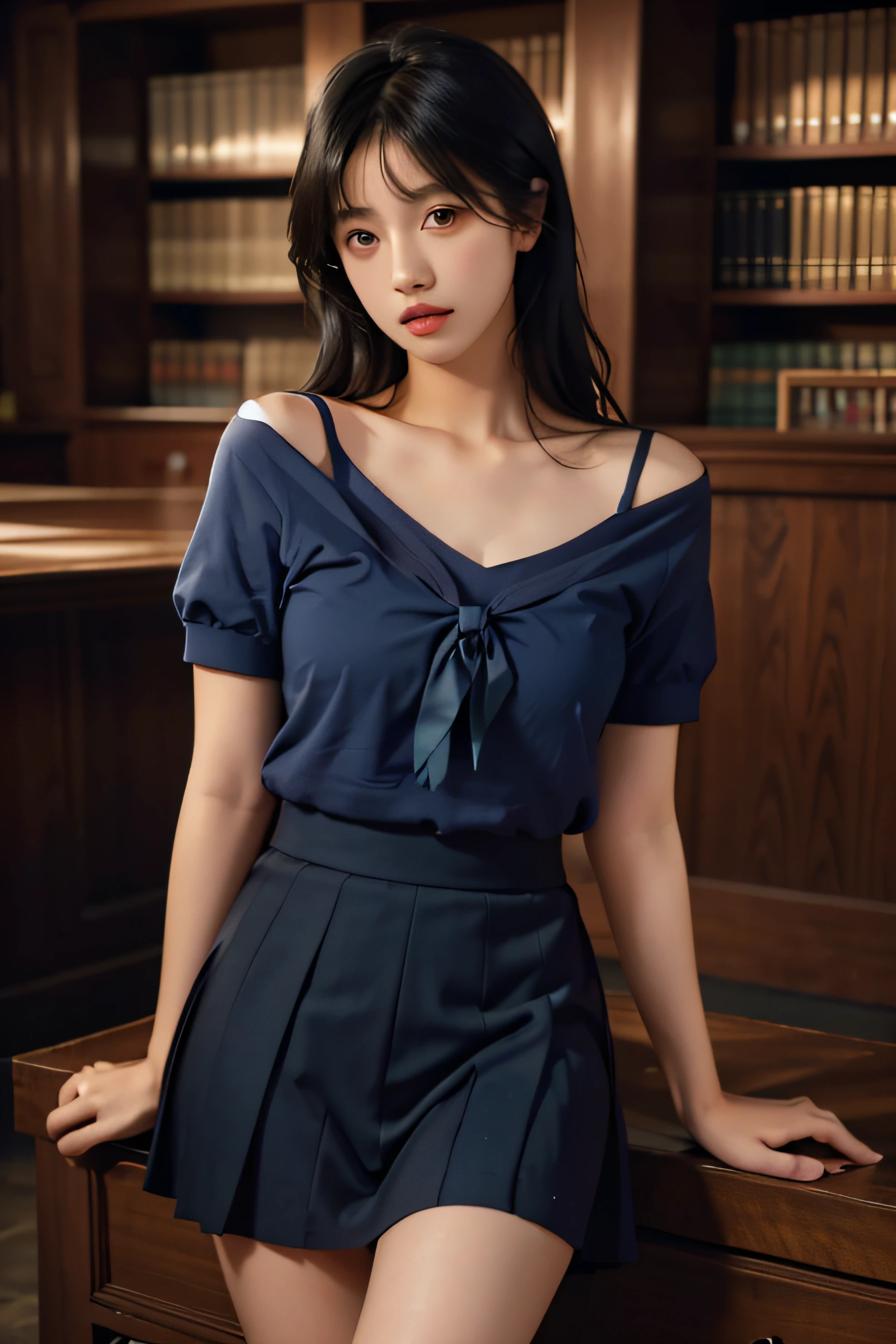 1girl,solo,(lshort-sleeved JK_sailor),JK_style,(dark blue JK_skirt),(bow JK_tie),(Inside the library:1.2),realistic,fully body,black hair,long hair,black eyes,lips,parted lips,collarbone,bare shoulders,portrait,nose,Best quality,masterpiece,ultra high res,(photorealistic:1.4),raw photo,