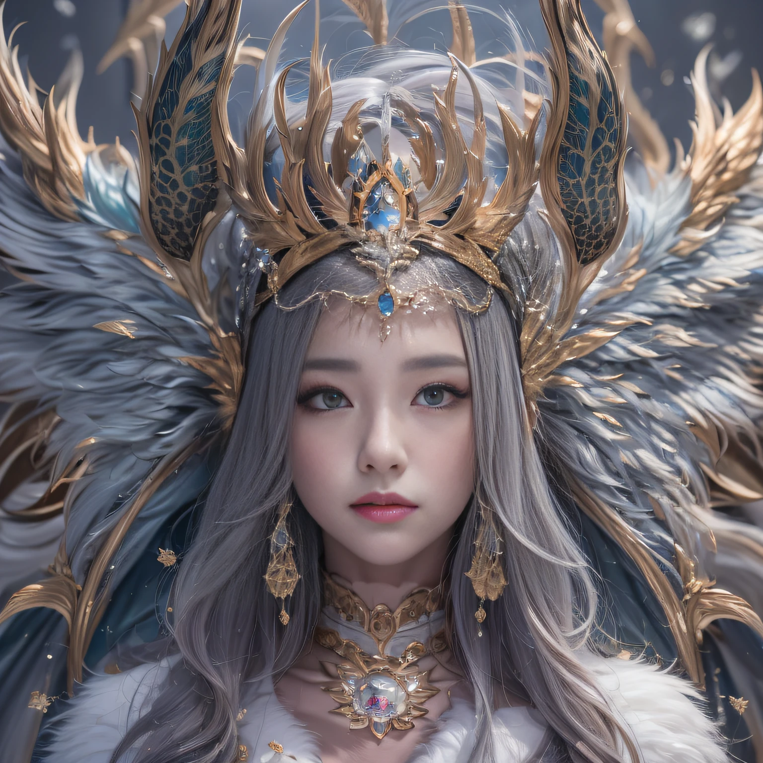 16k（tmasterpiece，k hd，hyper HD，16k）short detailed hair，Gold jewelry area in the back room，King Girl ，Silver Dragon Protector （realisticlying：1.4），Python pattern robe，Purple-pink tiara，Snowflakes fluttering，The background is pure，Hold your head high，Be proud，The nostrils look at people， A high resolution， the detail， RAW photogr， Sharp Re， Nikon D850 Film Stock Photo by Jefferies Lee 4 Kodak Portra 400 Camera F1.6 shots, Rich colors, ultra-realistic vivid textures, Dramatic lighting, Unreal Engine Art Station Trend, cinestir 800，Hold your head high，Be proud，The nostrils look at people