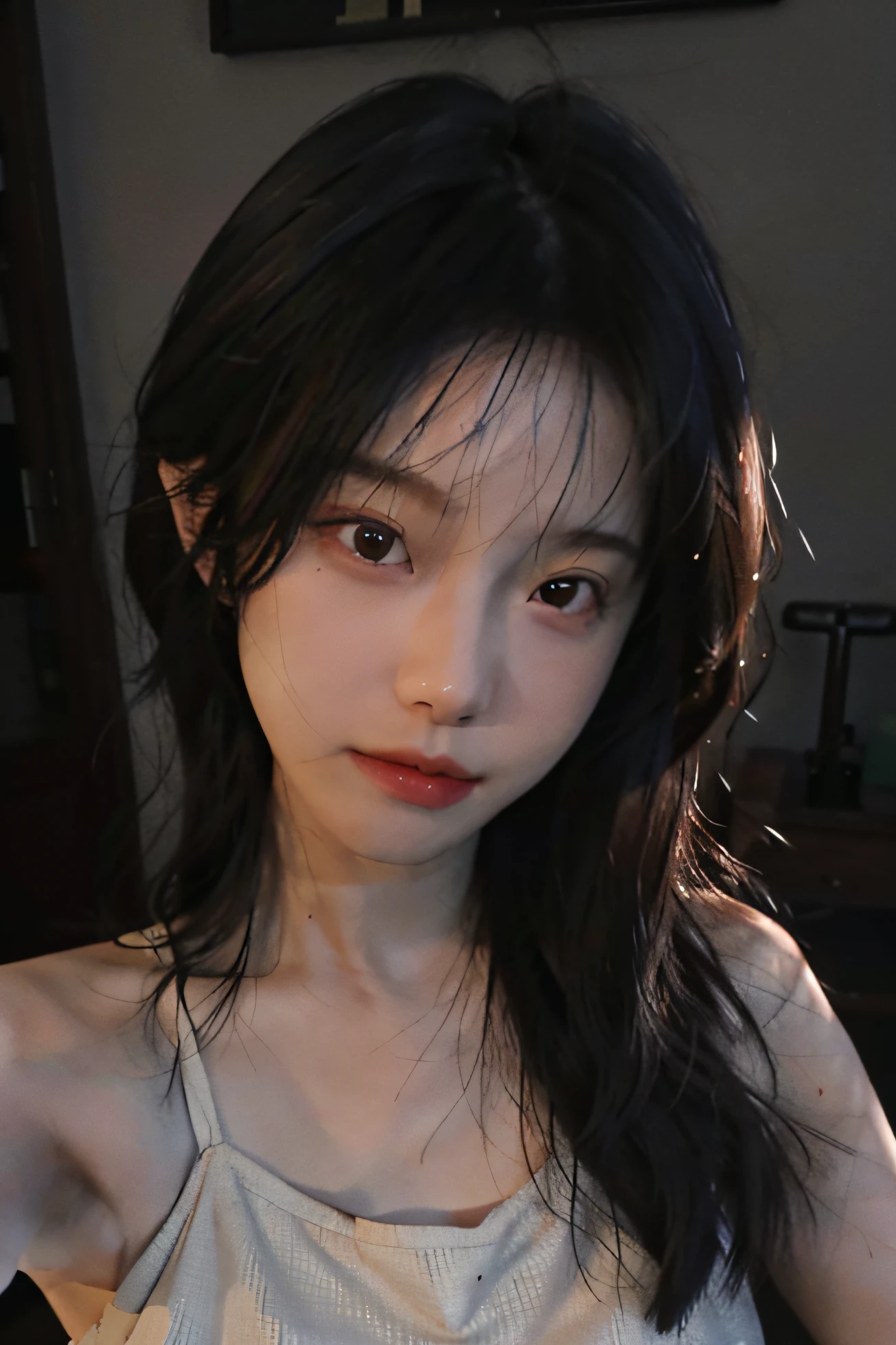 超高分辨率、Best quality 8K masterpiece photos，Photorealistic texture and film grain enhancement，Beautiful girl shot from selfie angle，Meticulously depict her eyes and facial features，Close-up shows the upper body，Slightly curly hammer-shouldered hair，Fair skin and slim body，Show confidence and spirit。