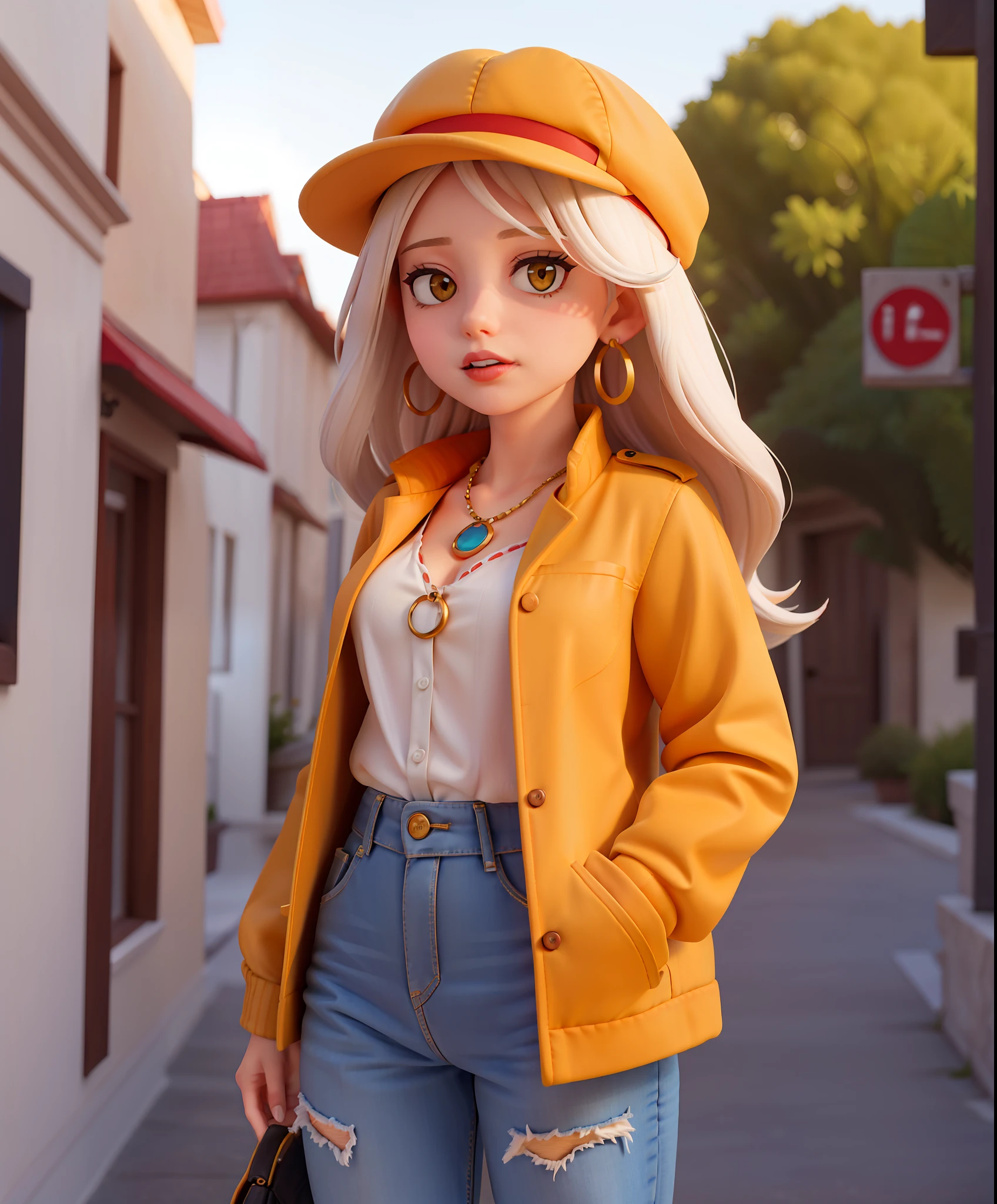 masterpiece, high quality best quality,1girl, breasts, earrings, hat, hands in pockets, jacket, jewelry, long_hair, looking_at_viewer, small_breasts, open_clothes, red_lips, solo, upper_body, white_hair, yellow_background