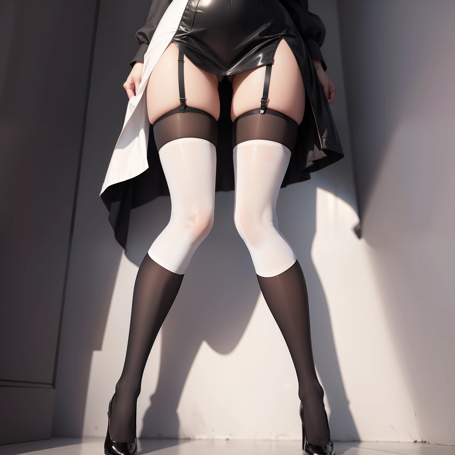 1girll，Long legs，black lence stockings，white legwear，full bodyesbian，are standing