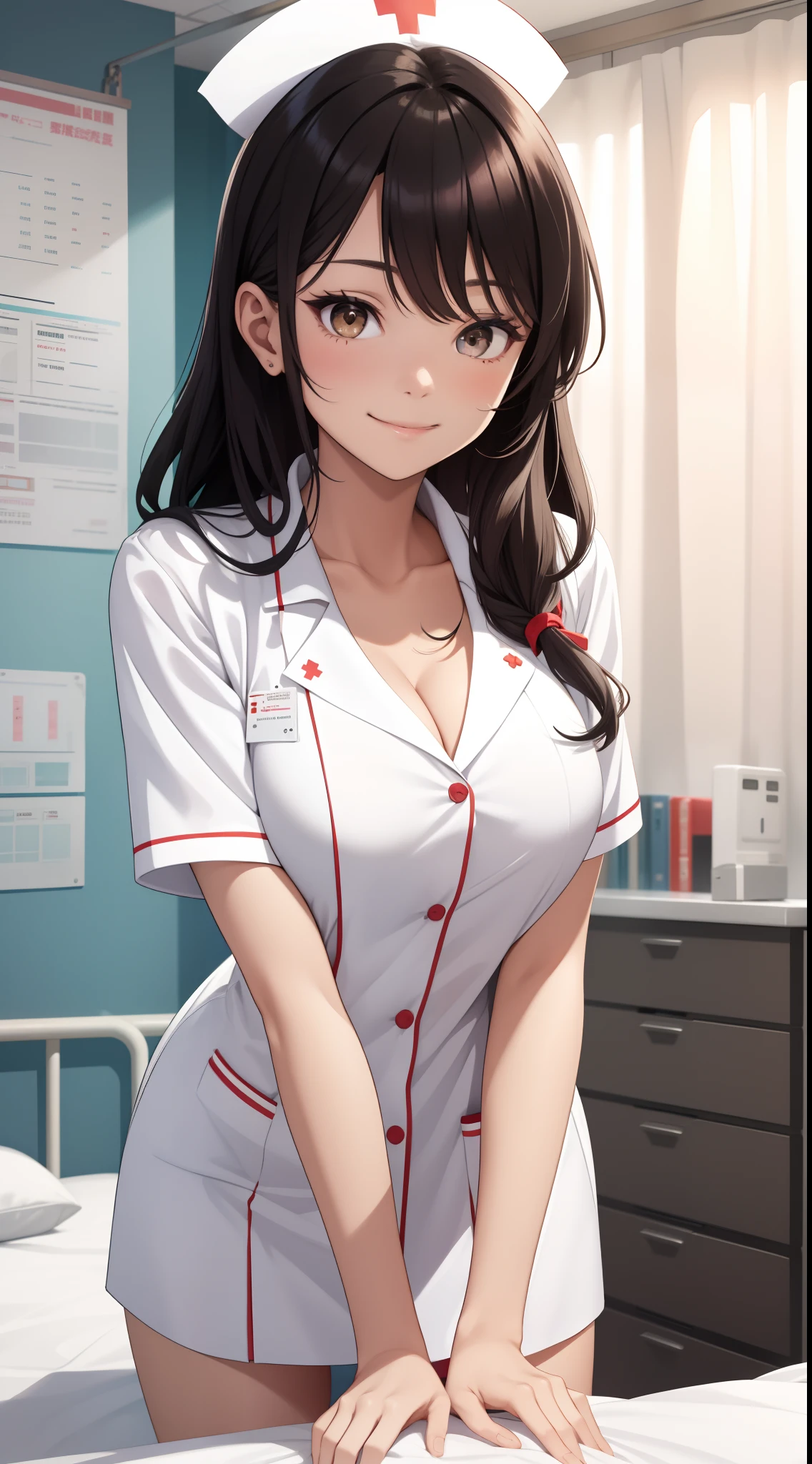 Infirmary，窗帘，one-girl，Bust photo，Nurse's uniform，ssmile，looks into camera，Be red in the face，nurses，white dresses，tmasterpiece，The best quality，The is very detailed，cleavage