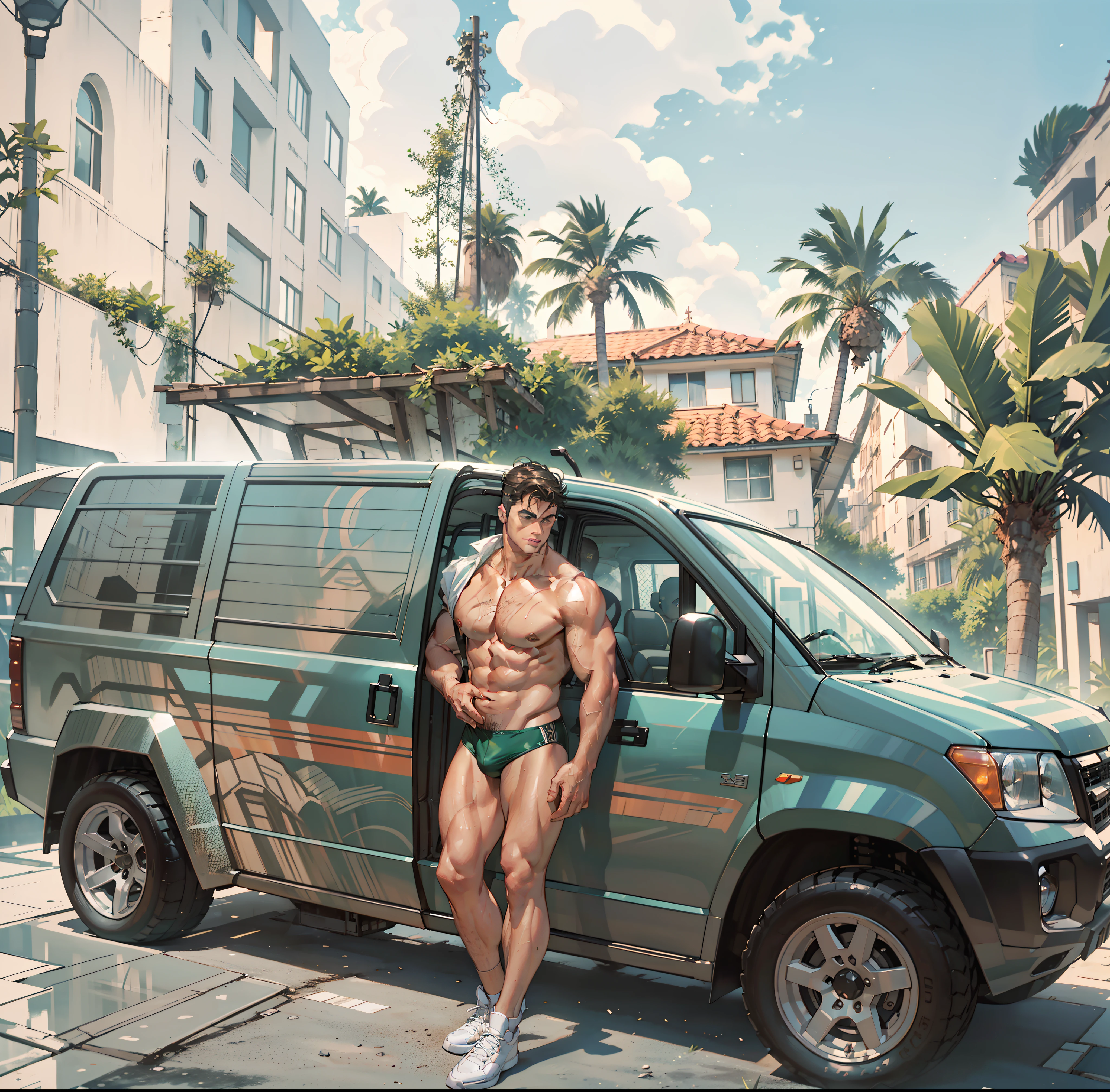 there is a stocky musculilne man standing at black mobile caravan , handsome face, detailed eyes, accurate anatomy and face features, (sfw) safe for work, garter belt, big shiny musculine thighs, chubby big exposed thighs, leg and thigh shot focus, wearing white sneakers at his feet, wearing transparent superthin wet green underwear thong only, shirtless, wet juicy shiny big muscles, stocky chubby musculine body, posing with his right hand holding sungless at his face, super big thighs, mega muscles, good lighting and excellent photography retouching, tropical palms and dark sky background, big pecs, big , depth of field, shadow, fined and sharpness, high quality and high resolution illustration image