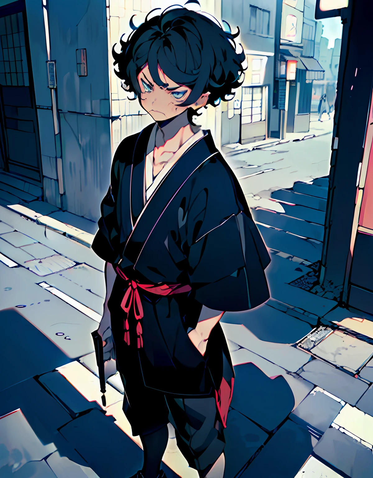 (black color hair,Libido boy,short detailed hair,Micro-curly hairstyle:1.3,blue color eyes,Focus,Standing,scowling,looks away,street,City,Japanese manga style,Black and white ink:1.3)