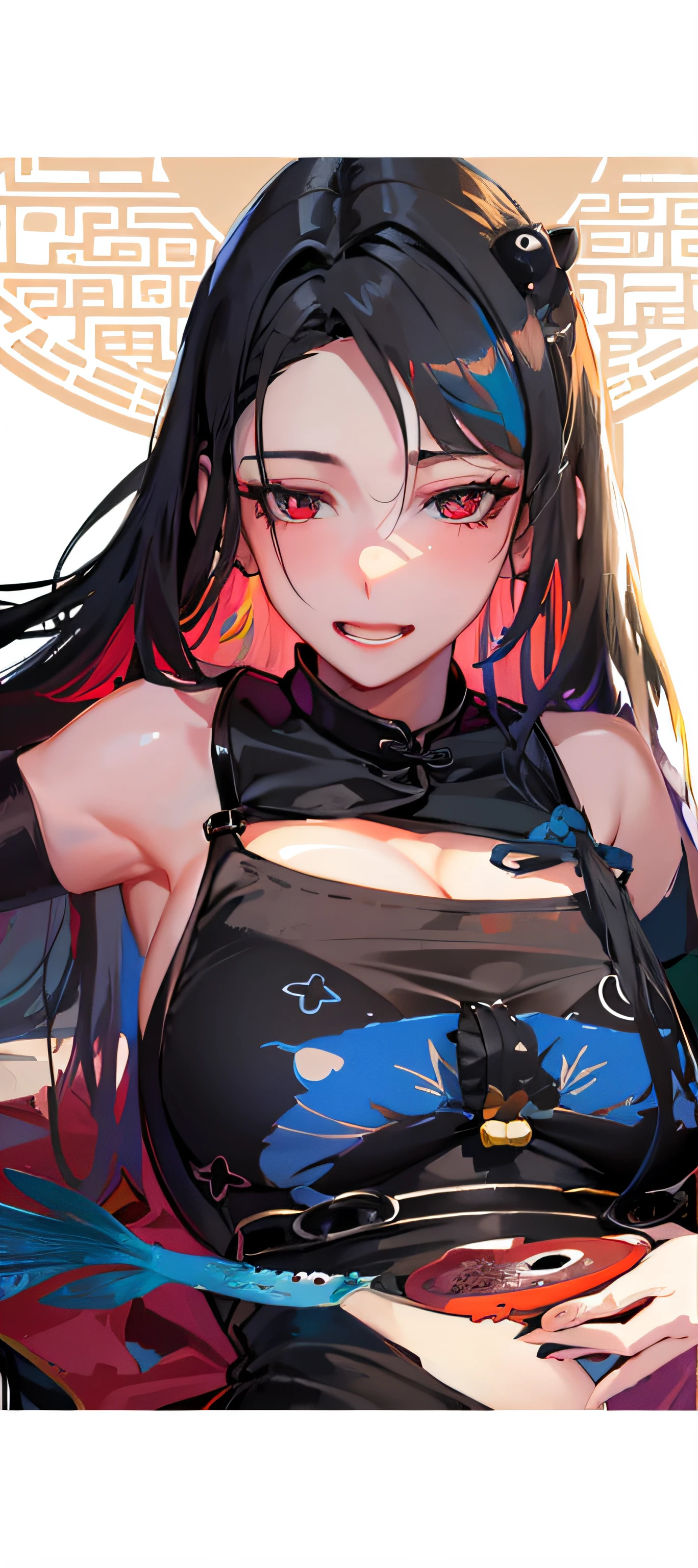 [(White background:1.5)::5], (imid shot:0.95), (full bodyesbian:1.25), Dynamic Angle, [Bottle bottom],(fish eye:1.4), (Falt color:1.3),Colorful,(Masterpiece:1,2), Best quality,Extremely detailed CG 8k wallpaper,Best quality, Masterpiece, A high resolution, Original, extremelydetailedwallpaper, (Solo:1.25),Delicate and plump face,
,1girll, hand on her own chest,chain_thongs,Light smile,Heart-shaped pupils, Black hair,cowbell,Long hair, ,Horns,, Bare shoulders,(Large breasts:1.2), (china dress:1.5),cleavage, (Sitting:1.3),