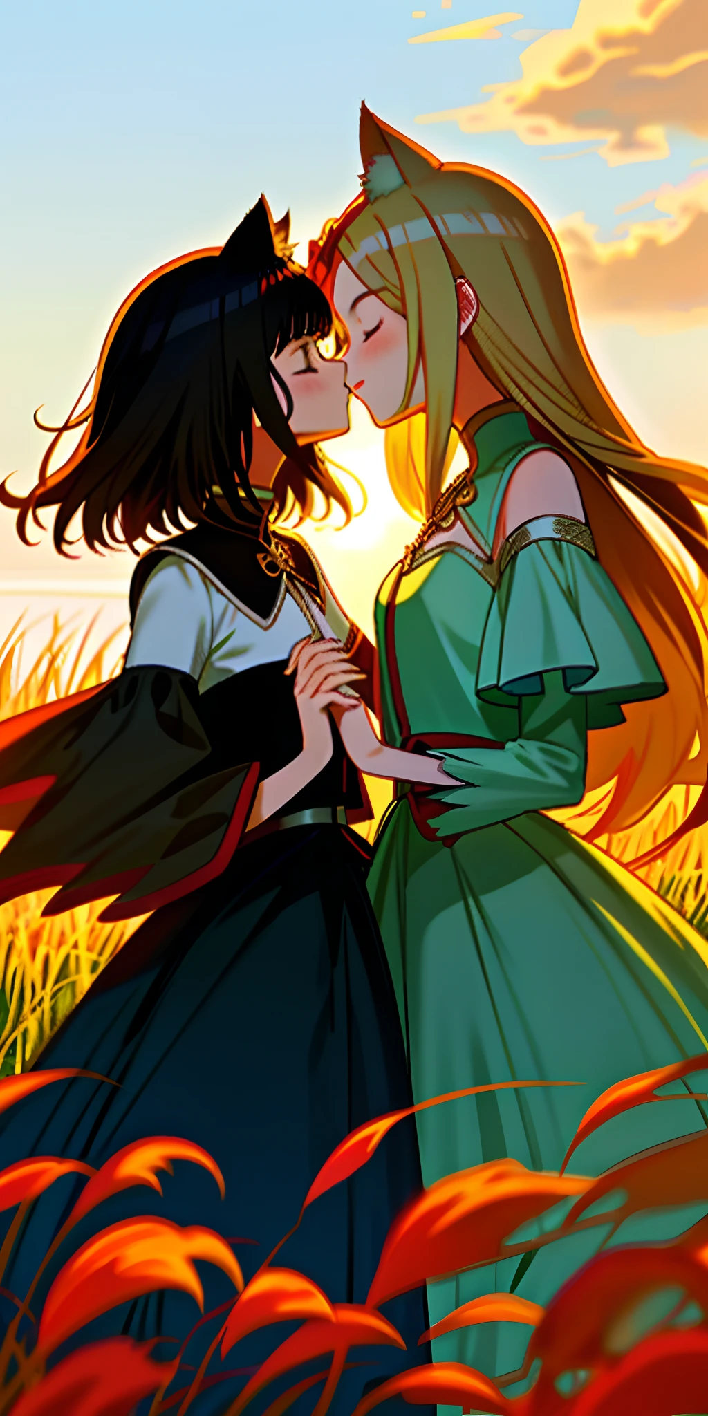 （tmasterpiece，best qualtiy），Two teenage girls，A girl with long blonde hair holds another girl with short black hair，The blonde girl rested one hand on the chest of the short-haired girl with black hair，cat ear，Soft orange sunlight，green meadows，blue-sky，kisses，adolable，The brunette girl was dressed over her body，Lovely shoulders，There is nudity，Be red in the face，kisses，Anime feeling，dream magical，adolable
