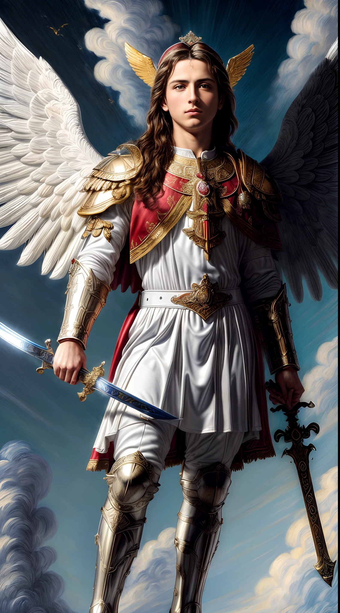 (masterpiece), (best quality), (ultra-detailed), (masterpiece:1.2), (best quality), (ultra-detailed),((full-body))A majestic Sticker of Saint Michael Archangel, with a white background, standing atop a sky of clouds, with a sword and Guido Reni inspired features, rendered in vibrant hues, white wings, clothes inspired in ancient Roman armor and a red cloak, perfect hands