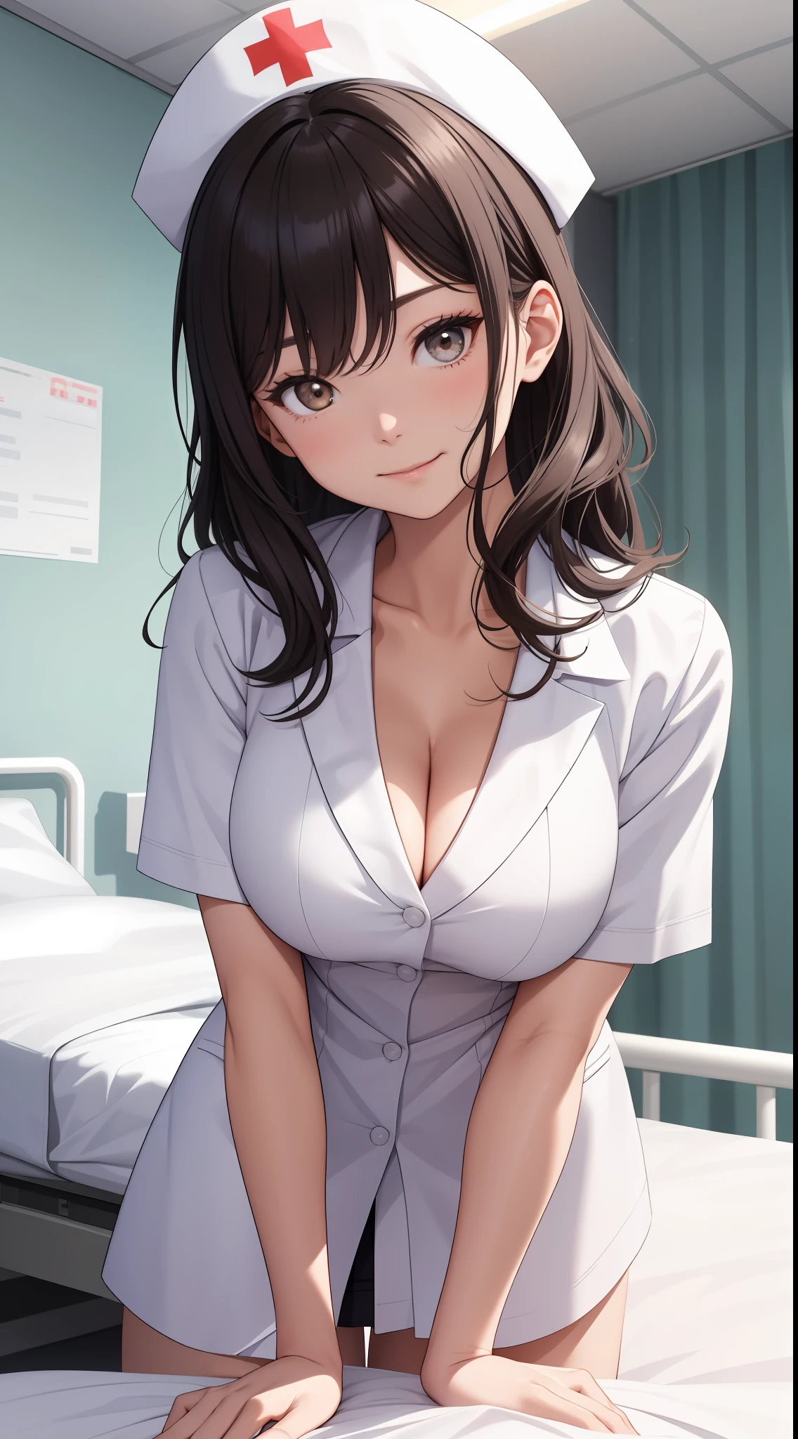 Infirmary，窗帘，one-girl，Bust photo，Nurse's uniform，ssmile，looks into camera，Be red in the face，nurses，white dresses，tmasterpiece，The best quality，The is very detailed，cleavage