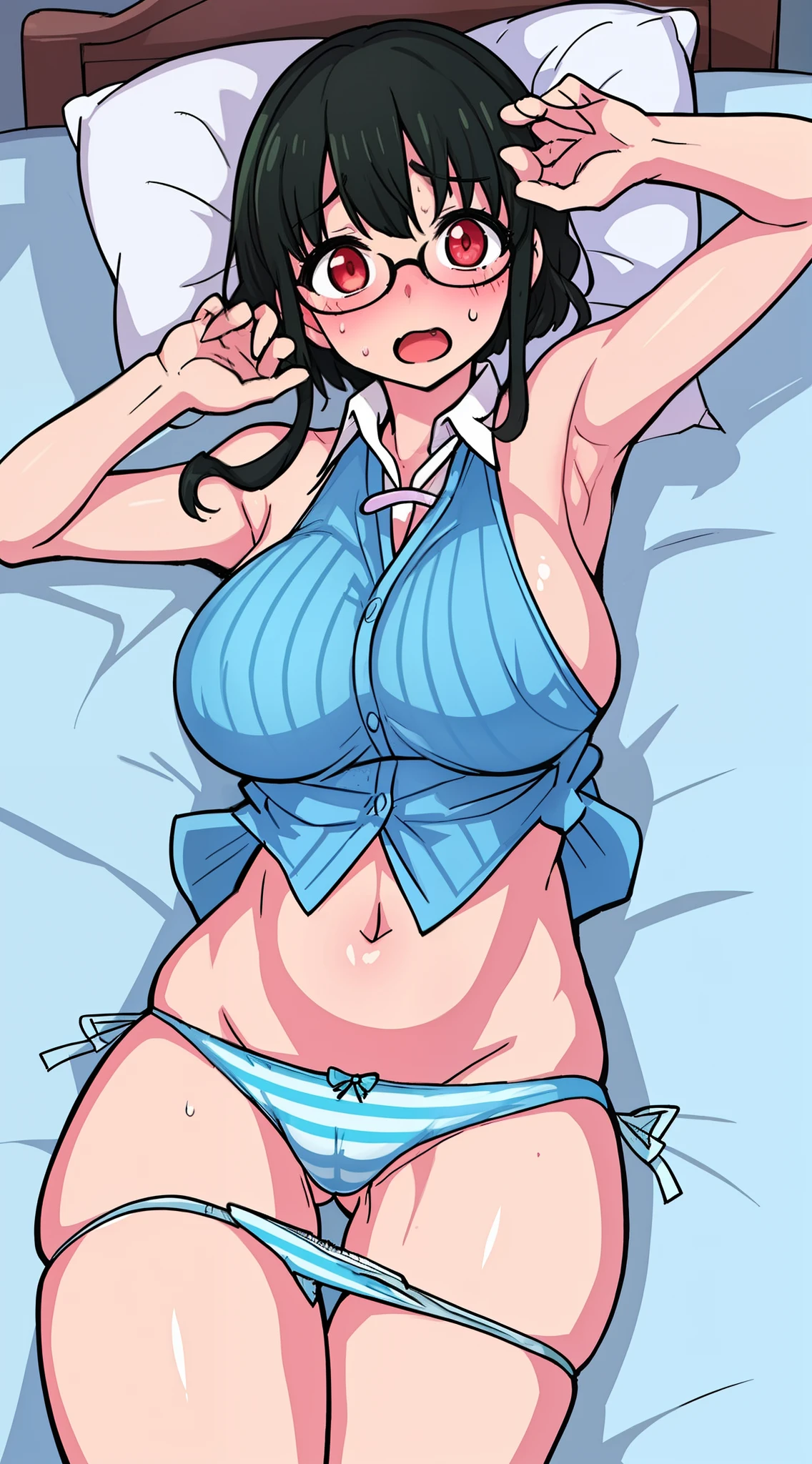 (Perfect body),Best Quality,16 K、Mouth open、I'm surprised、Ahegao、Blushing、embarrassed from、(Breasts come out)、( are protruding)、(Very big big breasts)、Large Thigh、fatness、Dark hair、short-haired、tie back hair、eye glasses、red eyes、1girl in、Arms behind your head、Armpits、Sweat、(Light blue panty)、(Striped panties)spreading legs、(M-shaped legs)、(despairing)、Dark bedroom、on the bed、lying on one's side、