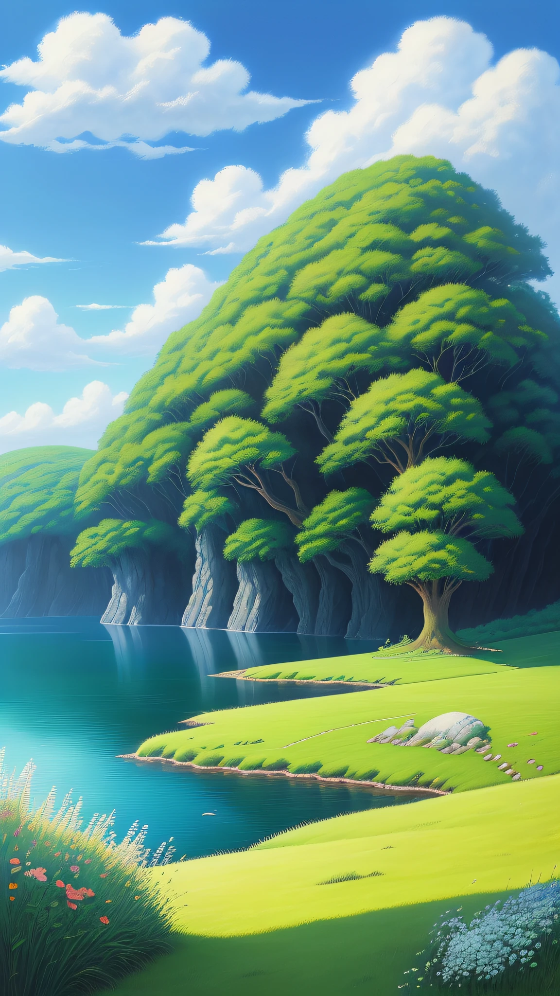 Realistic, authentic, beautiful and amazing landscape oil painting Studio Ghibli Hayao Miyazaki's petal grassland with blue sky and white clouds --v6