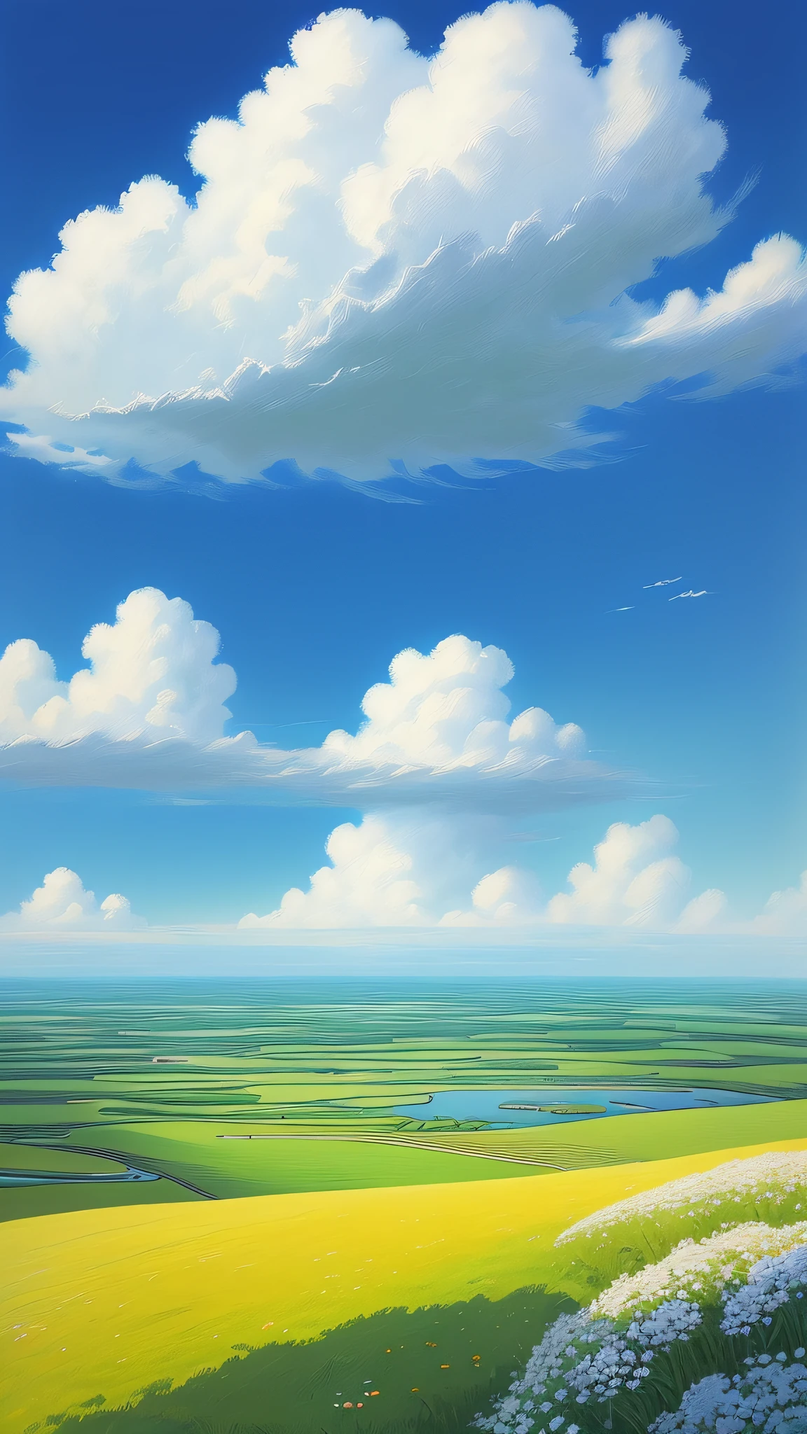 Realistic, authentic, beautiful and amazing landscape oil painting Studio Ghibli Hayao Miyazaki's petal grassland with blue sky and white clouds --v6