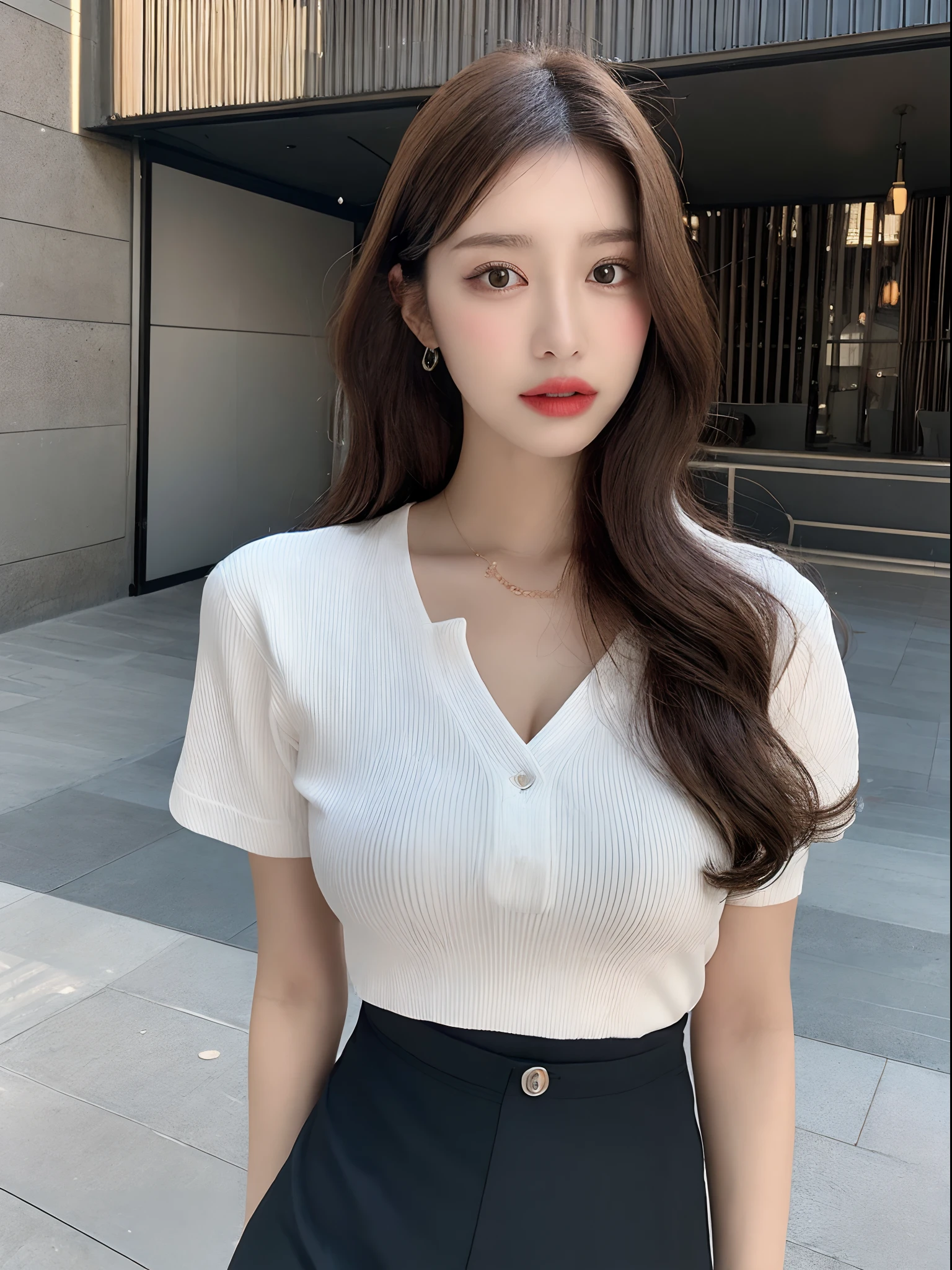 1girl, nsfw,spread legs,(masturbation, bullet vibrator:1.1)(Best quality, High resolution, Masterpiece :1.3), A tall and pretty woman, Slender abs, Dark brown hair styled in loose waves, Large breasts, Nipples standing, Cleavage between breasts, Wearing pendant, White button up shirt, Belt, Black skirt, (Modern architecture in background), Details exquisitely rendered in the face and skin texture, Detailed eyes, Double eyelid