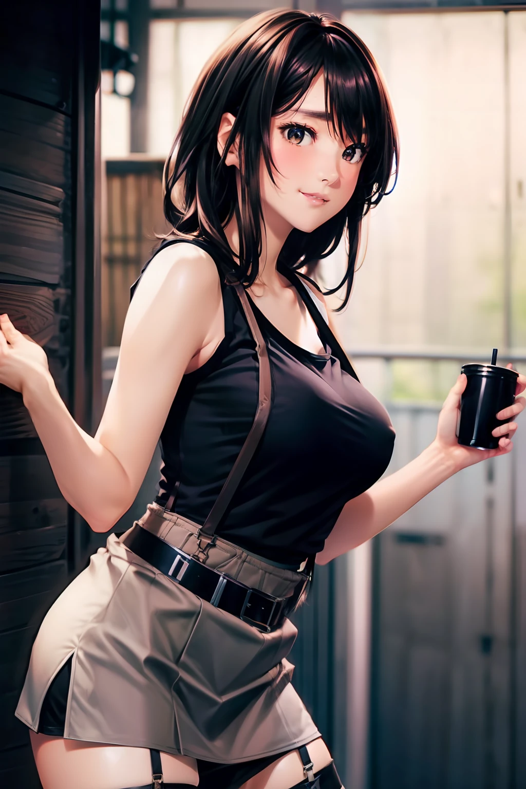 Colossal tits suspenders garterbelts Black stockings Black tank top Armpit sweat a miniskirt Brown hair Gray eyes Futomo hason Tight tank top Fold your hands behind your back a belt