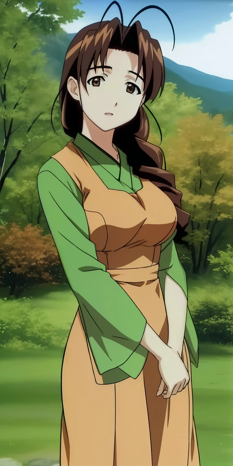 LH Yuotohime、独奏、Standing、large_breasts、Green Brown Dress、masterpiece、top-quality、A detailed face、A detailed eye、hight resolution、small tits