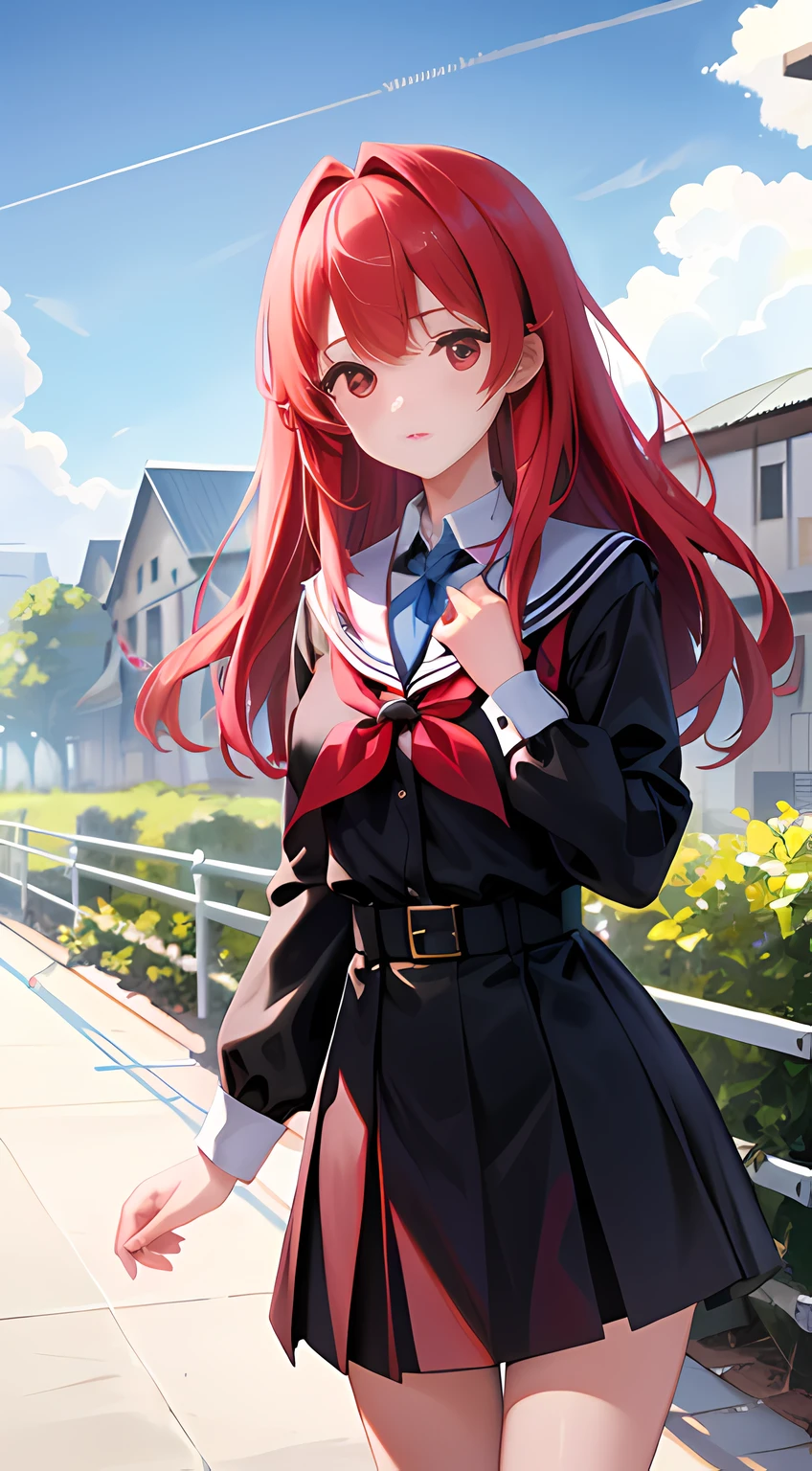 whaite hair，teens girl，quadratic element，gentleness，adolable，Red eyes，school ground，outside，Blue sky