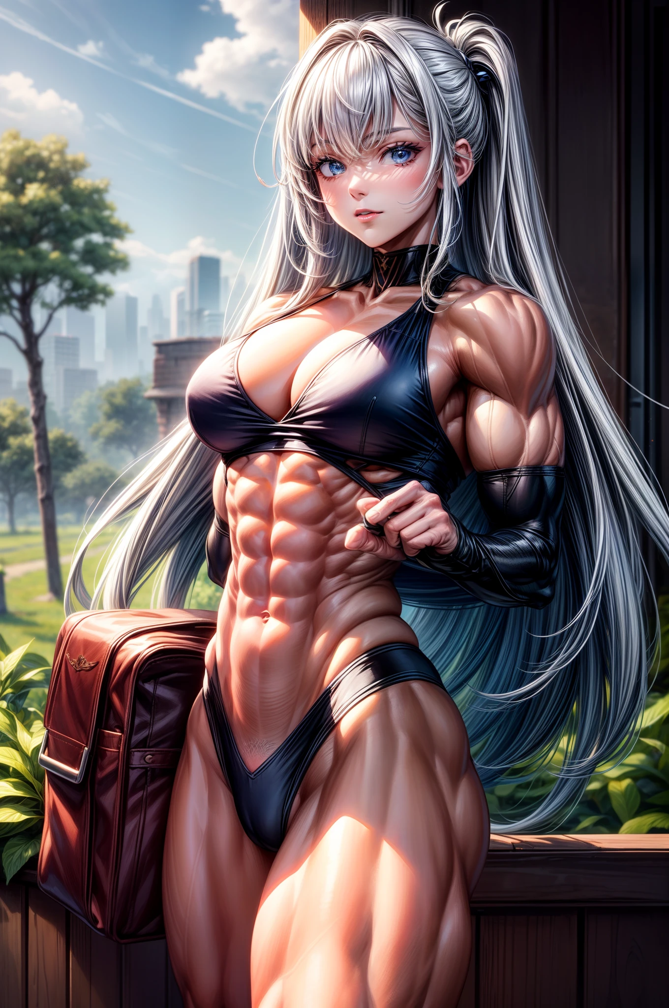 (BEST lighting) , (ultra intricately detailed) , 4K unification, (super-detailed CG: 1.2) , (8K: 1.2),(Original), (Masterpiece) , (Best quality),(Masterpiece:1.4),Anime-ish high quality,(Masterpiece),Masterpiece, Super clear picture quality,Clearer than movies,(Fine face)Best quality, absurderes,((masterpeace, 4K, 8K, Yes, A high resolution))1girll, girls,She was in the garden,standing on your feet,Exposing the abdomen, Crop topping,There are bulges of dense veins on the arms,Spring, Boots, Perfect figure, Long silver hair, Dynamic pose,Legs exposed,Strong leg muscles ((body builder:1.5)),Spring Garden,(Beautiful bace),(Girl),(Female),(((Upper body:1)))