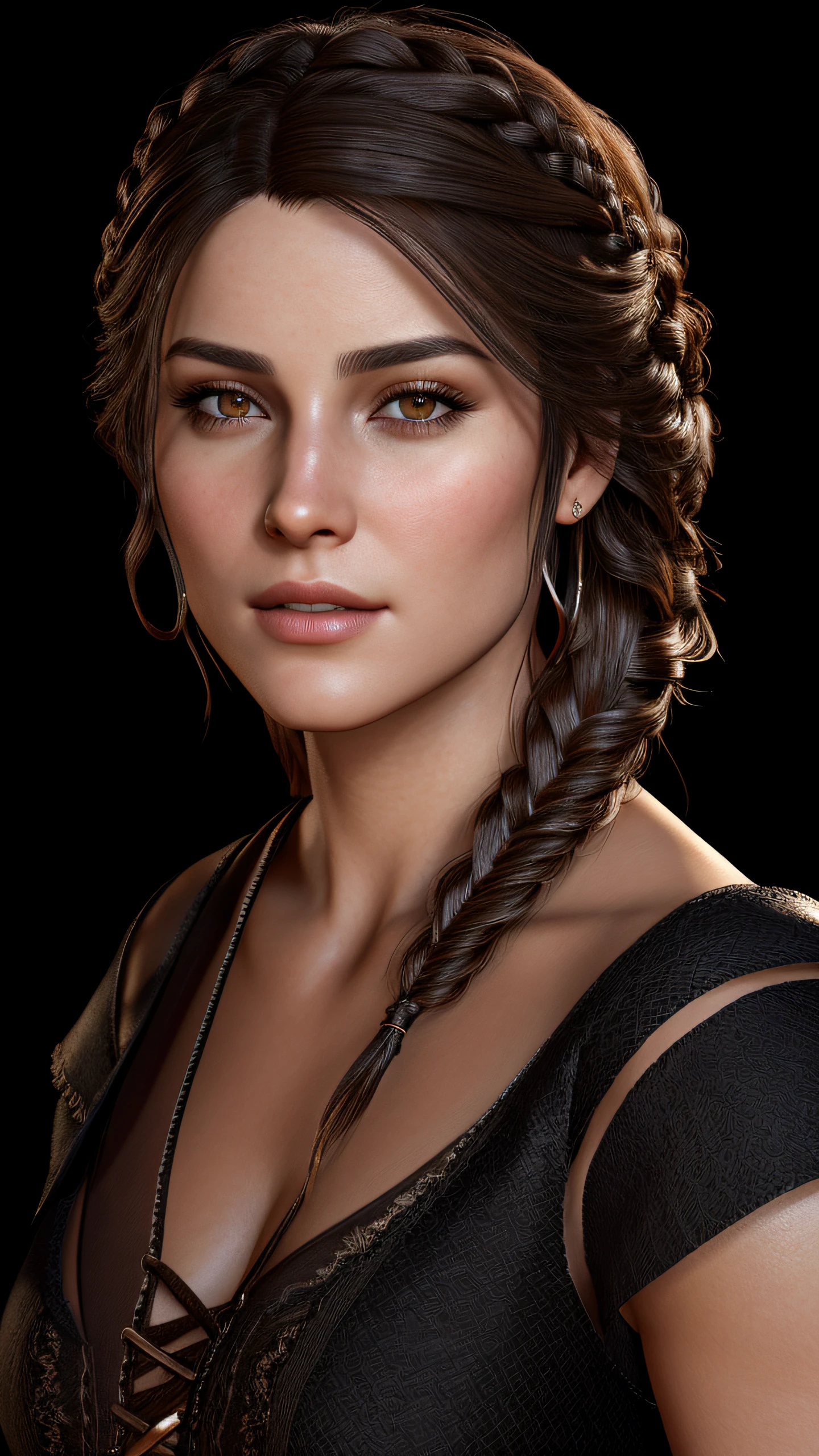 A closeup of a woman with a braid in a black dress, Retrato Ezio Auditore como Feminino, 8k portrait render, protagonista feminina, personagem feminina, Woman with braided brown hair, Personagem close up, closeup retrato de personagem, Yennefer, Cinematic realistic portrait, render de mirabel madrigal, rosto restaurado realista, close-up do personagem