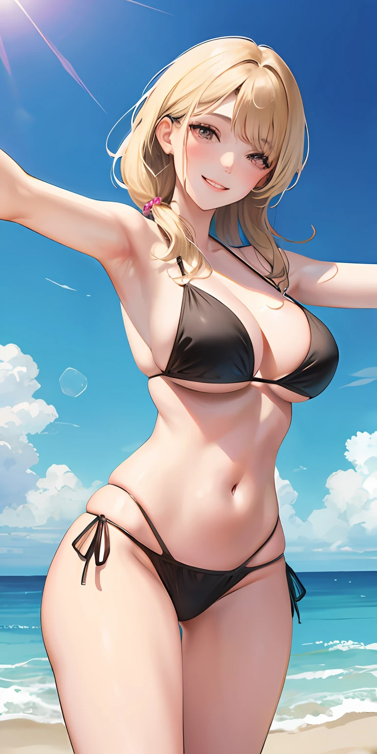 Realistic, single girl selfie, wearing bikini, big breasts, smiling face