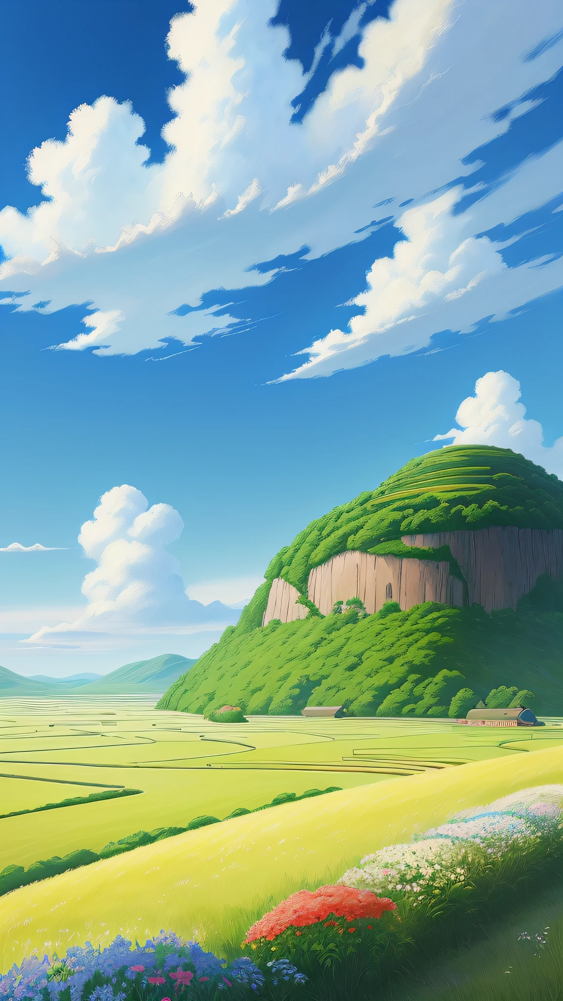 Realistic, authentic, beautiful and amazing landscape oil painting Studio Ghibli Hayao Miyazaki's petal grassland with blue sky and white clouds --v6