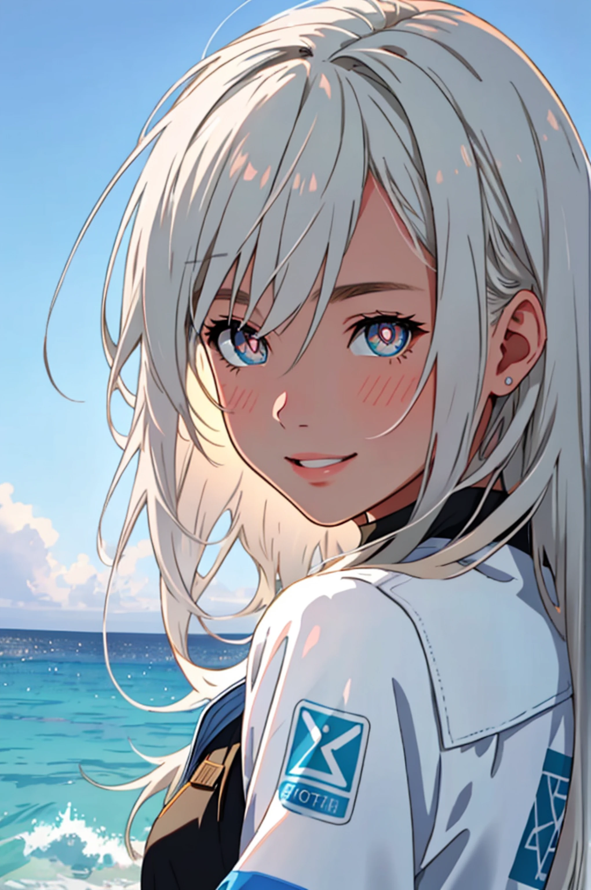 realistic photo, a realistic photo of (emmmye:0.99), (1girl), Aegean hair, Aegean eyes, smile, Aegean jacket (extremely detailed CG unity 8k wallpaper), photo of the most beautiful artwork in the world, professional majestic (photography by Steve McCurry), 8k uhd, dslr, soft lighting, high quality, film grain, Fujifilm XT3 sharp focus, f 5.6, High Detail, Sharp focus, dramatic, (looking at viewer:1.2), (detailed pupils:1.3), (natural light),