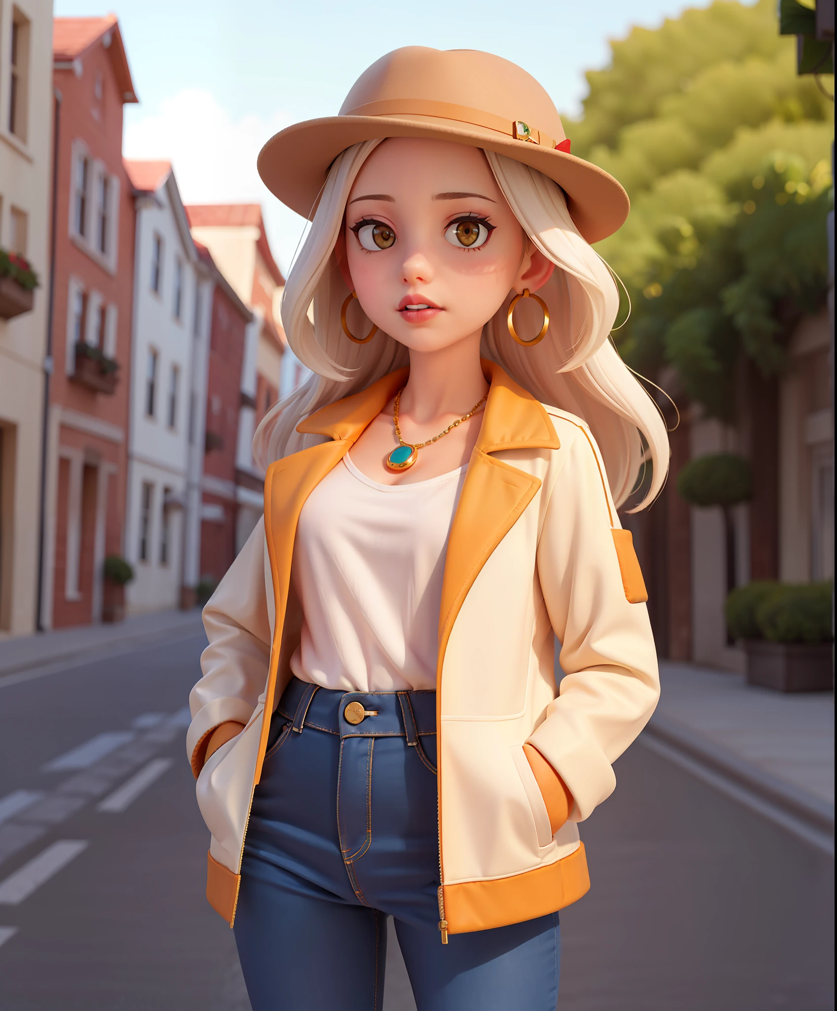 masterpiece, high quality best quality,1girl, breasts, earrings, hat, hands in pockets, jacket, jewelry, long_hair, looking_at_viewer, small_breasts, open_clothes, red_lips, solo, upper_body, white_hair, yellow_background