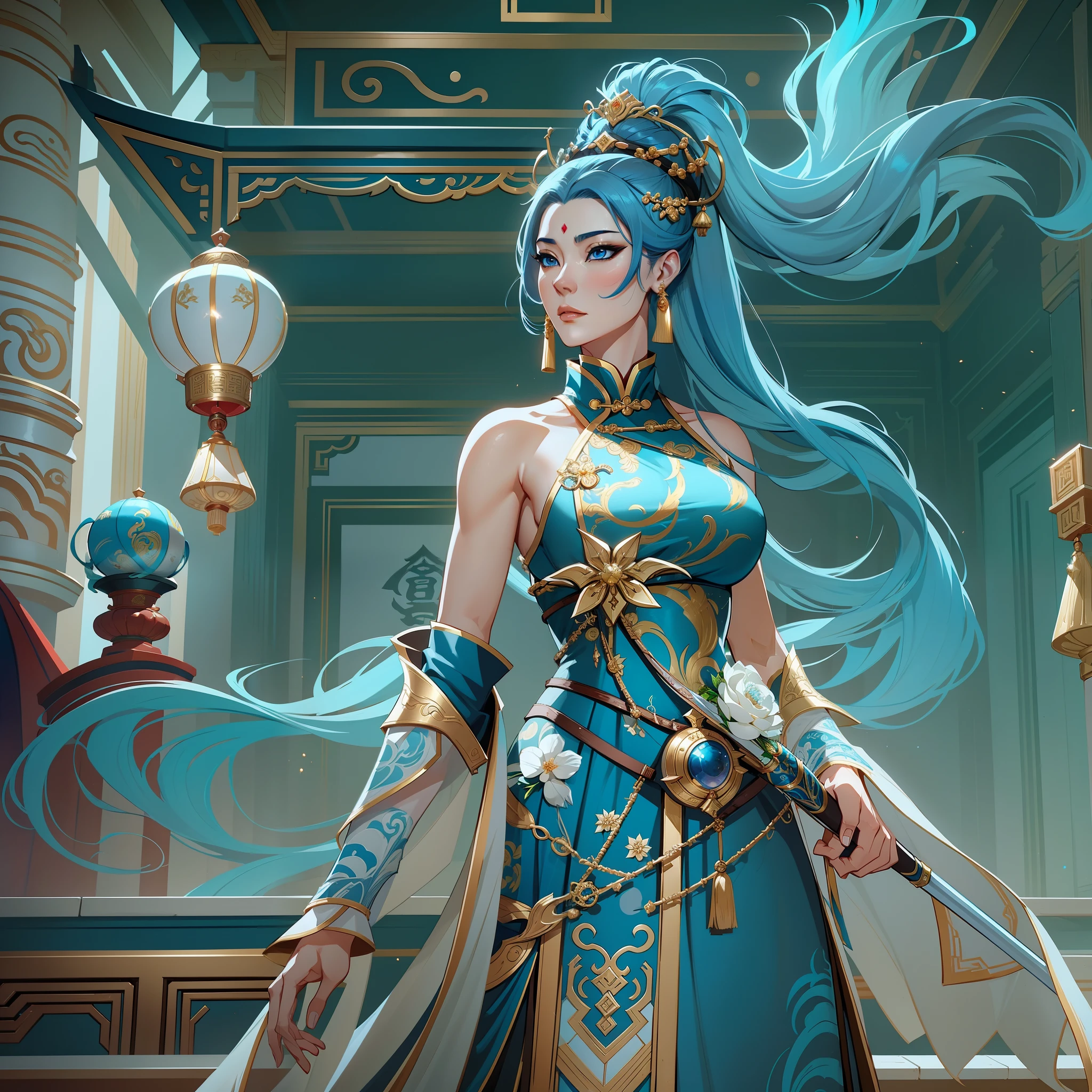 a close up of a short woman in her 30's, with blue eyes and ocean blue hair, wearing a blue and black ballgown dress, a chinese empress with blue eyes, female swordswoman, chinese princess, standing in a chinese temple, new costume concept design, in the style of blade and soul, full body character concept, detailed character design, inspired by Yang Jin, inspired by Li Mei-Shu, lunar themed attire, costume with gold accents, inspired by Ju Lian, colored concept art, highly detailed character design, highly detailed face, inspired by Ai Xuan, very highly detailed face, unreal engine render, final fantasy 14 style