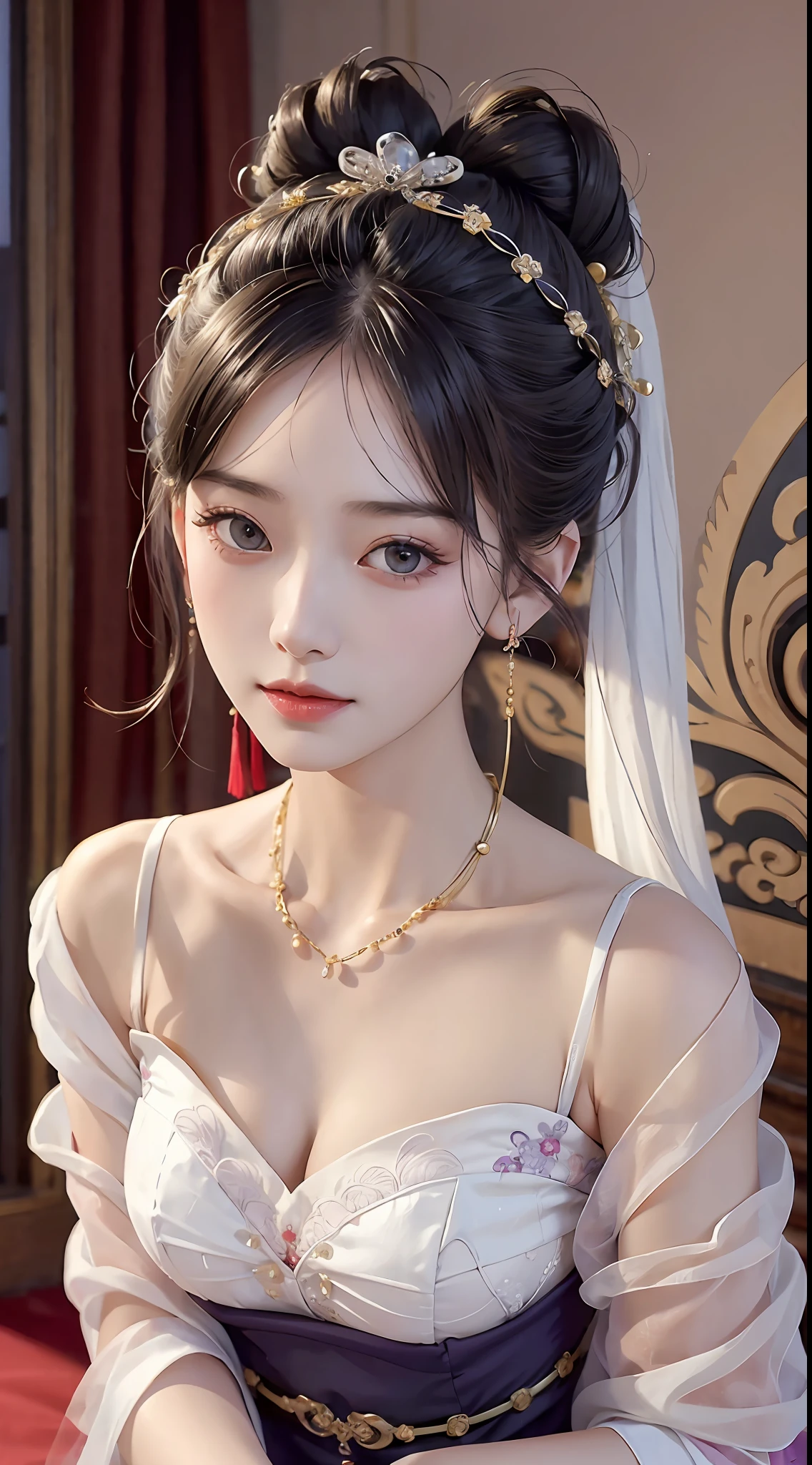 (8K, RAW photo, Photorealistic:1.25) ,( Gloss on lips, eyeslashes, gloss face, Glossy glossy skin, best qualtiy, 超高分辨率, depth of fields, color difference, Caustics, Wide light, naturalshadow, Kpop idol) Being in the room,European style,sitted,sliver long hair,red-white qipao,Red trim,Medium chest detail,8K resolution,超高分辨率,A young girl, A cute girl,short detailed hair,hair-bun,lipsticks,Tassel earrings,choker necklace,Black clear eyes,Smooth hair,鎖骨,Exquisite and perfect facial features, the most beautiful big eyes,Long eyelashes,The eyes are sweet and there are lying silkworms,dynamic angle,Extreme picture quality,Highest precision,Precise and perfect human anatomy,(((Antique tulle purple and white hanfu,gold embroidery))),((sitted)),Warm scene,超高分辨率,Ultra-clear vintage black flowing hair,Delicate bun)By bangs,(Long flowing hair,With a bun:1.3)),Delicate collarbones,beautiful make up,Exquisite and perfect facial features,,Big watery eyes,Lying silkworm,Long eyelashes,The eyes are sweet and have eye shadow,Slim waist,Do not show your hands,,lipsticks,Blushlush,Delicate earring earrings,pearls necklace,hair-bun