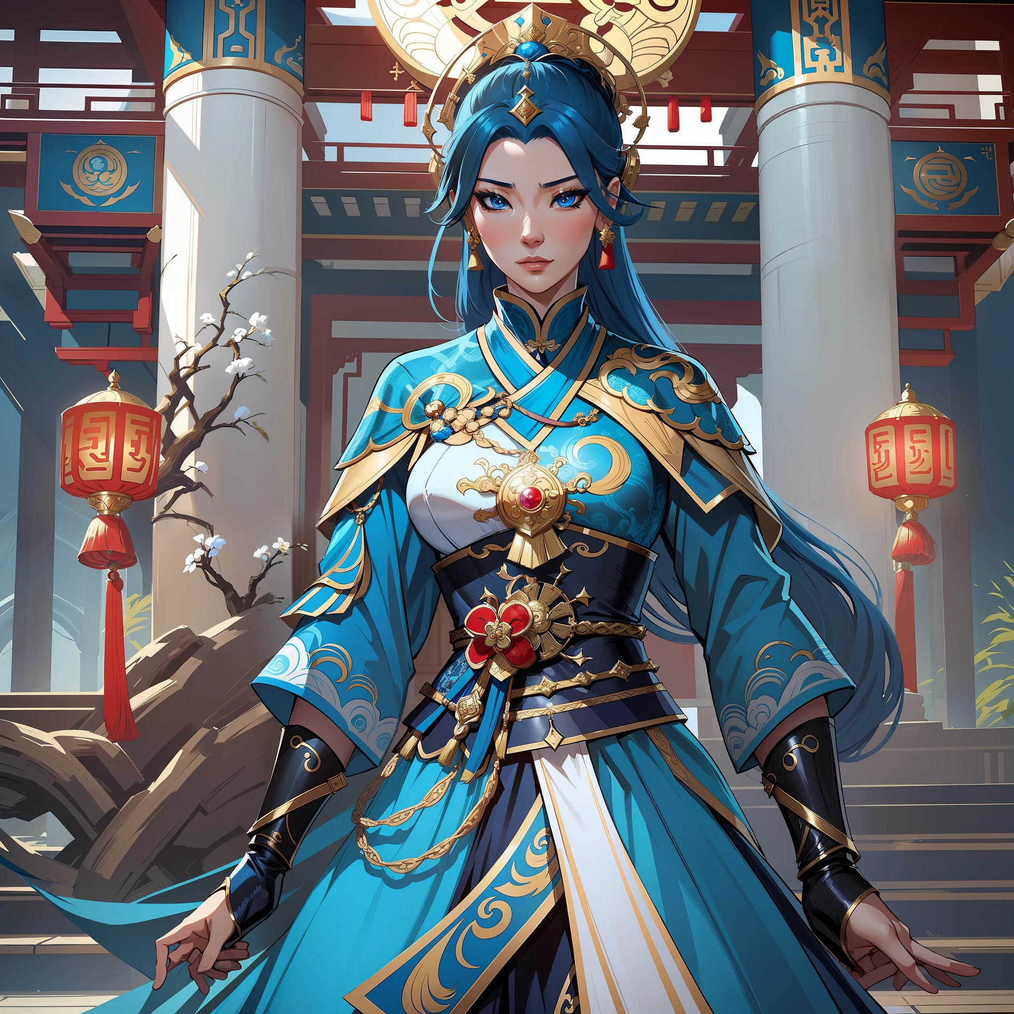 a close up of a short woman in her 30's, with blue eyes and ocean blue hair, wearing a blue and black ballgown dress, a chinese empress with blue eyes, female swordswoman, chinese princess, standing in a chinese temple, new costume concept design, in the style of blade and soul, full body character concept, detailed character design, inspired by Yang Jin, inspired by Li Mei-Shu, lunar themed attire, costume with gold accents, inspired by Ju Lian, colored concept art, highly detailed character design, highly detailed face, inspired by Ai Xuan, very highly detailed face, unreal engine render, final fantasy 14 style