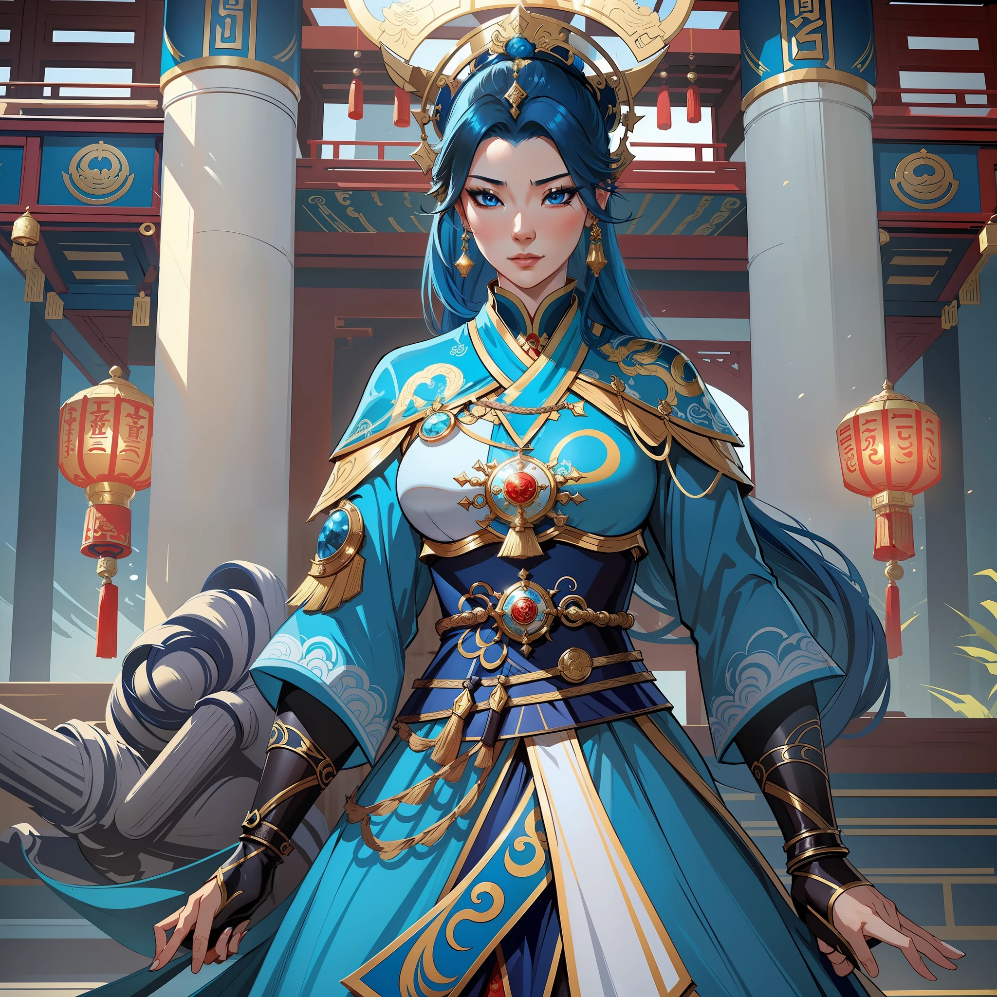 a close up of a short woman in her 30's, with blue eyes and ocean blue hair, wearing a blue and black ballgown dress, a chinese empress with blue eyes, female swordswoman, chinese princess, standing in a chinese temple, new costume concept design, in the style of blade and soul, full body character concept, detailed character design, inspired by Yang Jin, inspired by Li Mei-Shu, lunar themed attire, costume with gold accents, inspired by Ju Lian, colored concept art, highly detailed character design, highly detailed face, inspired by Ai Xuan, very highly detailed face, unreal engine render, final fantasy 14 style